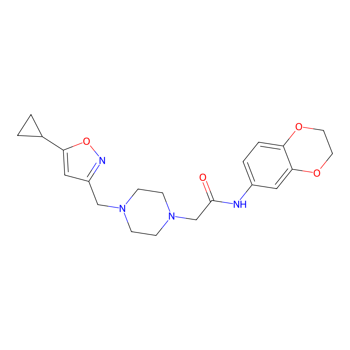 2-{4-[(5-cyclopropyl-1,2-oxazol-3-yl)methyl]piperazin-1-yl}-N-(2,3-dihydro-1,4-benzodioxin-6-yl)acetamide molecular structure, CAS 3054589-92-0