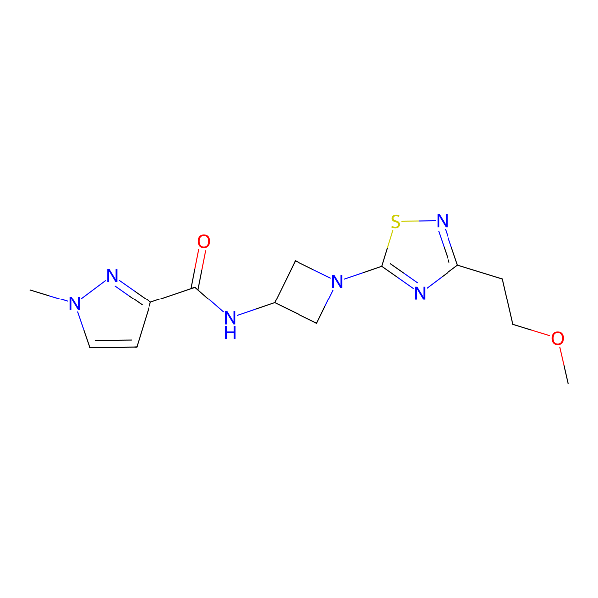 N-{1-[3-(2-methoxyethyl)-1,2,4-thiadiazol-5-yl]azetidin-3-yl}-1-methyl-1H-pyrazole-3-carboxamide molecular structure, CAS 3054589-94-2