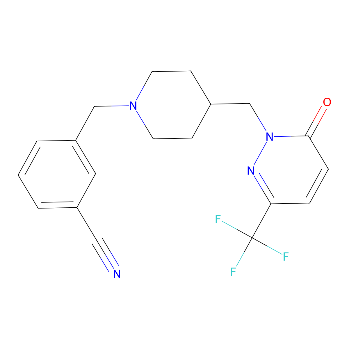 3-[(4-{[6-Oxo-3-(trifluoromethyl)-1,6-dihydropyridazin-1-yl]methyl}piperidin-1-yl)methyl]benzonitrile molecular structure, CAS 3054590-03-0