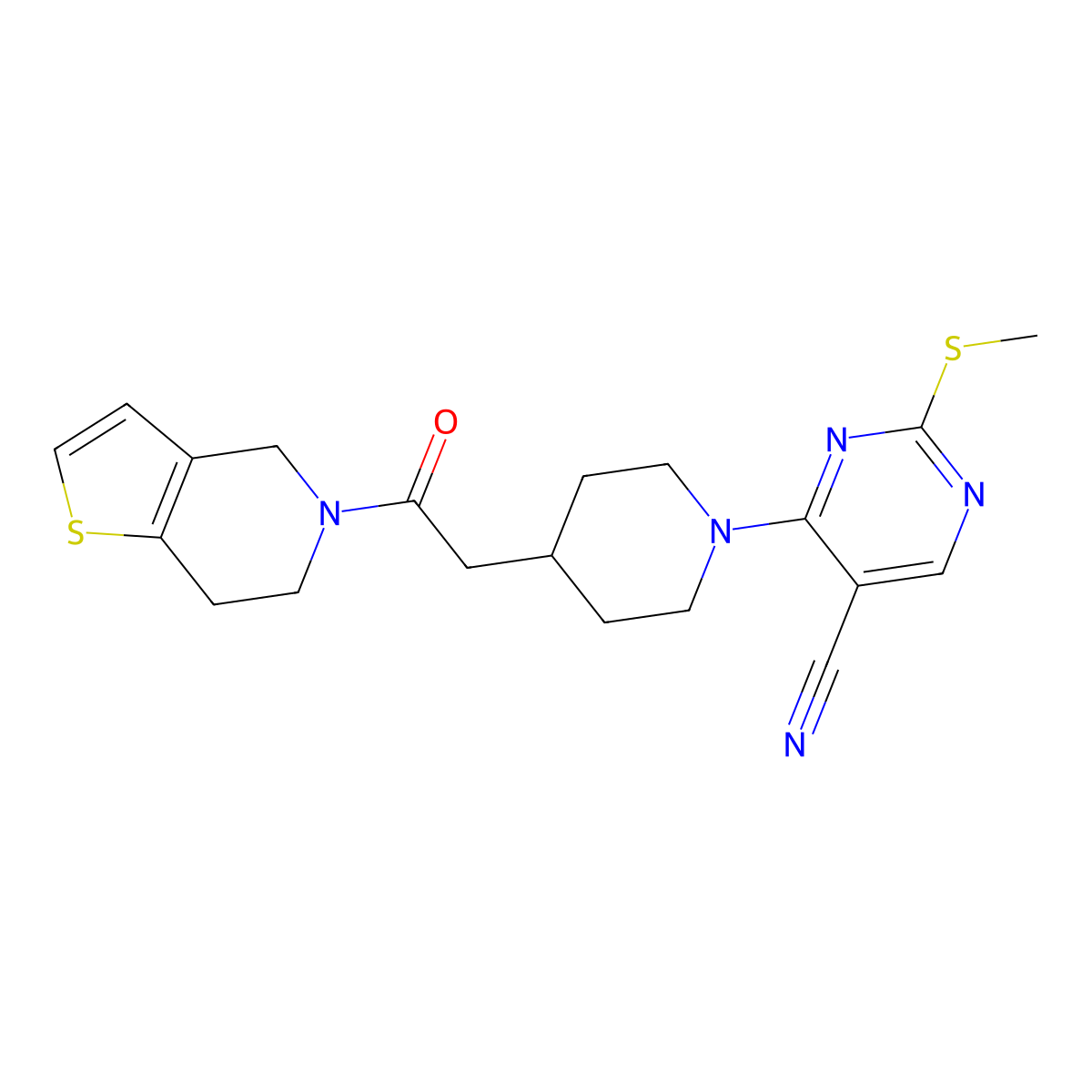 2-(methylsulfanyl)-4-[4-(2-oxo-2-{4H,5H,6H,7H-thieno[3,2-c]pyridin-5-yl}ethyl)piperidin-1-yl]pyrimidine-5-carbonitrile molecular structure, CAS 3054590-10-9