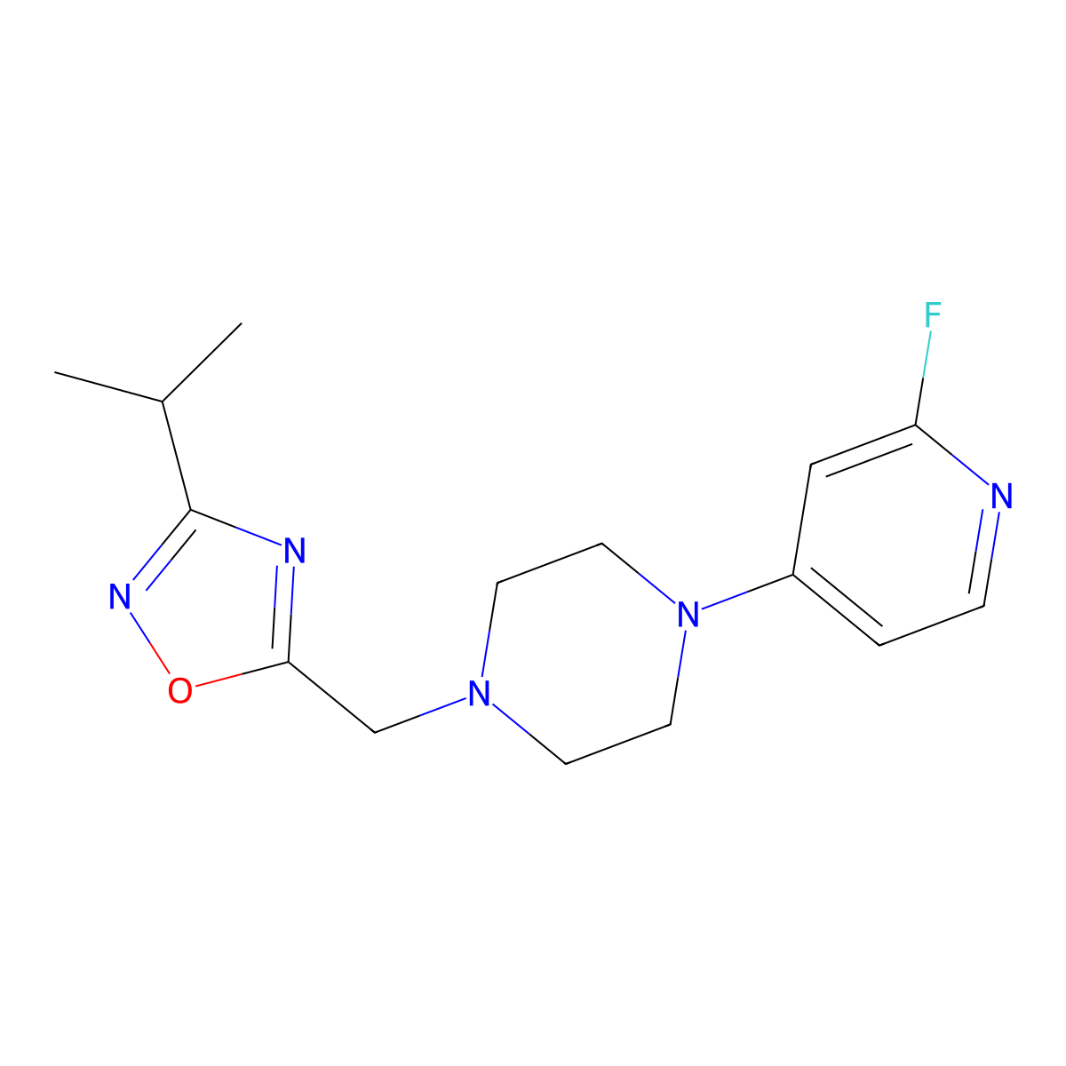 1-(2-Fluoropyridin-4-yl)-4-{[3-(propan-2-yl)-1,2,4-oxadiazol-5-yl]methyl}piperazine molecular structure, CAS 3054590-14-3