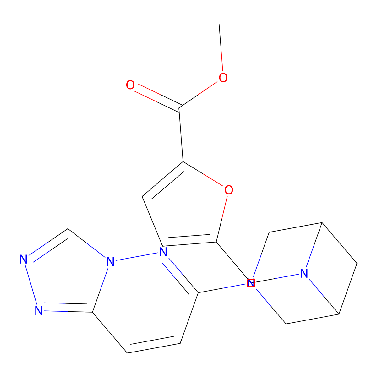 Methyl 5-[(3-{[1,2,4]triazolo[4,3-b]pyridazin-6-yl}-3,6-diazabicyclo[3.1.1]heptan-6-yl)methyl]furan-2-carboxylate molecular structure, CAS 3054590-17-6