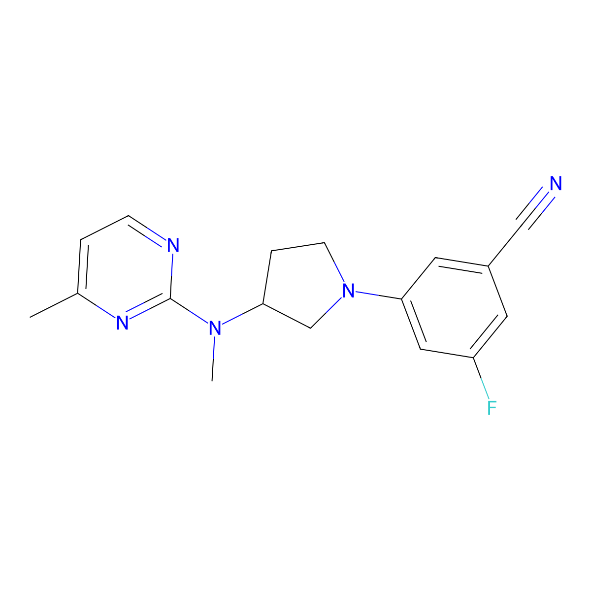 3-Fluoro-5-[3-[methyl-(4-methylpyrimidin-2-yl)amino]pyrrolidin-1-yl]benzonitrile molecular structure, CAS 3054590-20-1