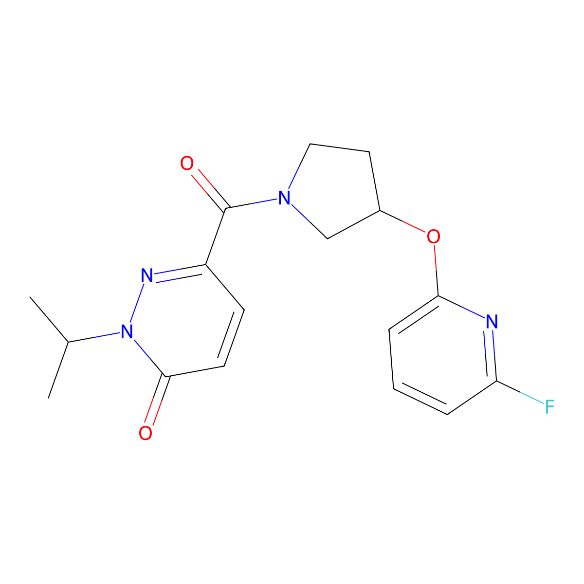 6-{3-[(6-Fluoropyridin-2-yl)oxy]pyrrolidine-1-carbonyl}-2-(propan-2-yl)-2,3-dihydropyridazin-3-one molecular structure, CAS 3054590-26-7