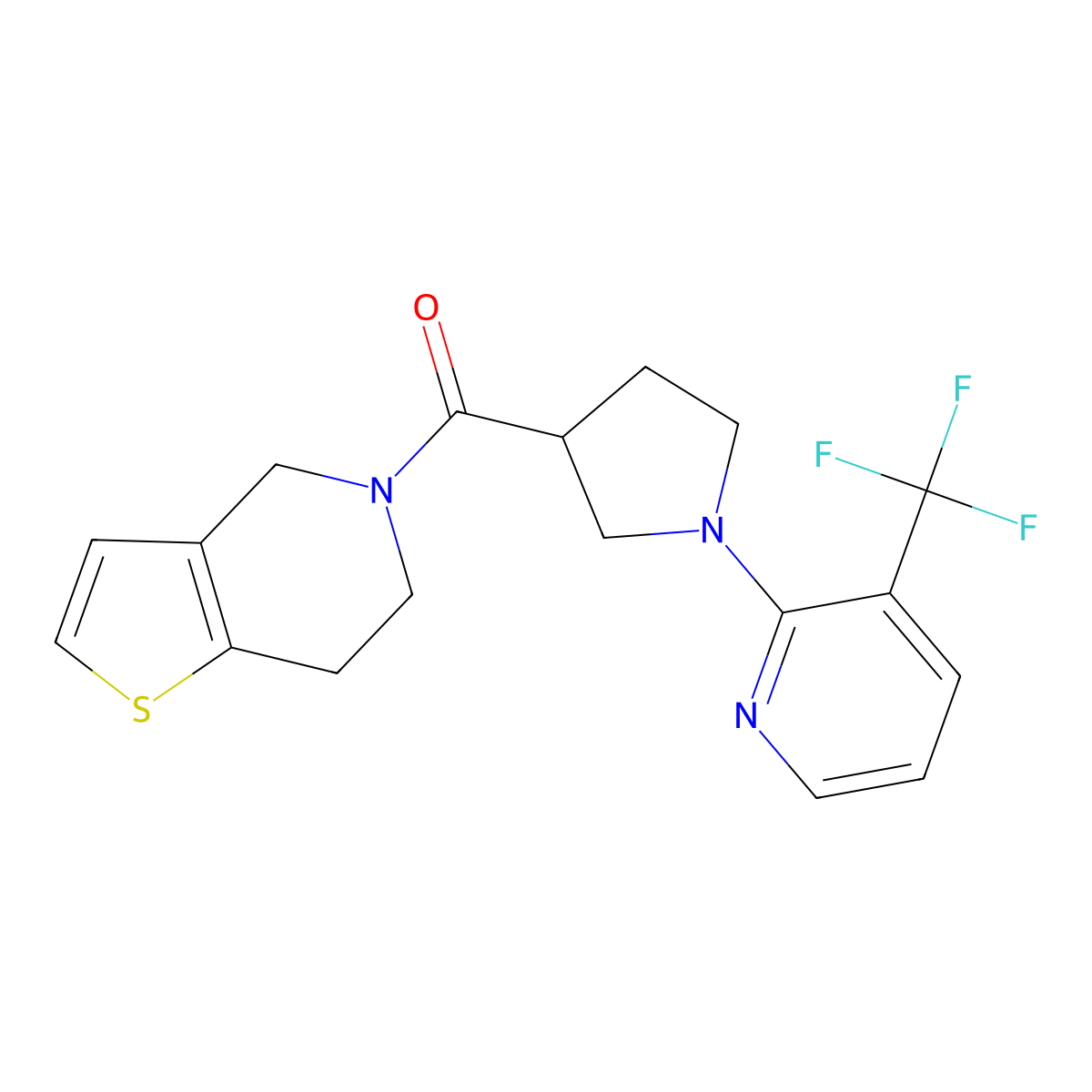 2-(3-{4H,5H,6H,7H-thieno[3,2-c]pyridine-5-carbonyl}pyrrolidin-1-yl)-3-(trifluoromethyl)pyridine molecular structure, CAS 3054590-29-0