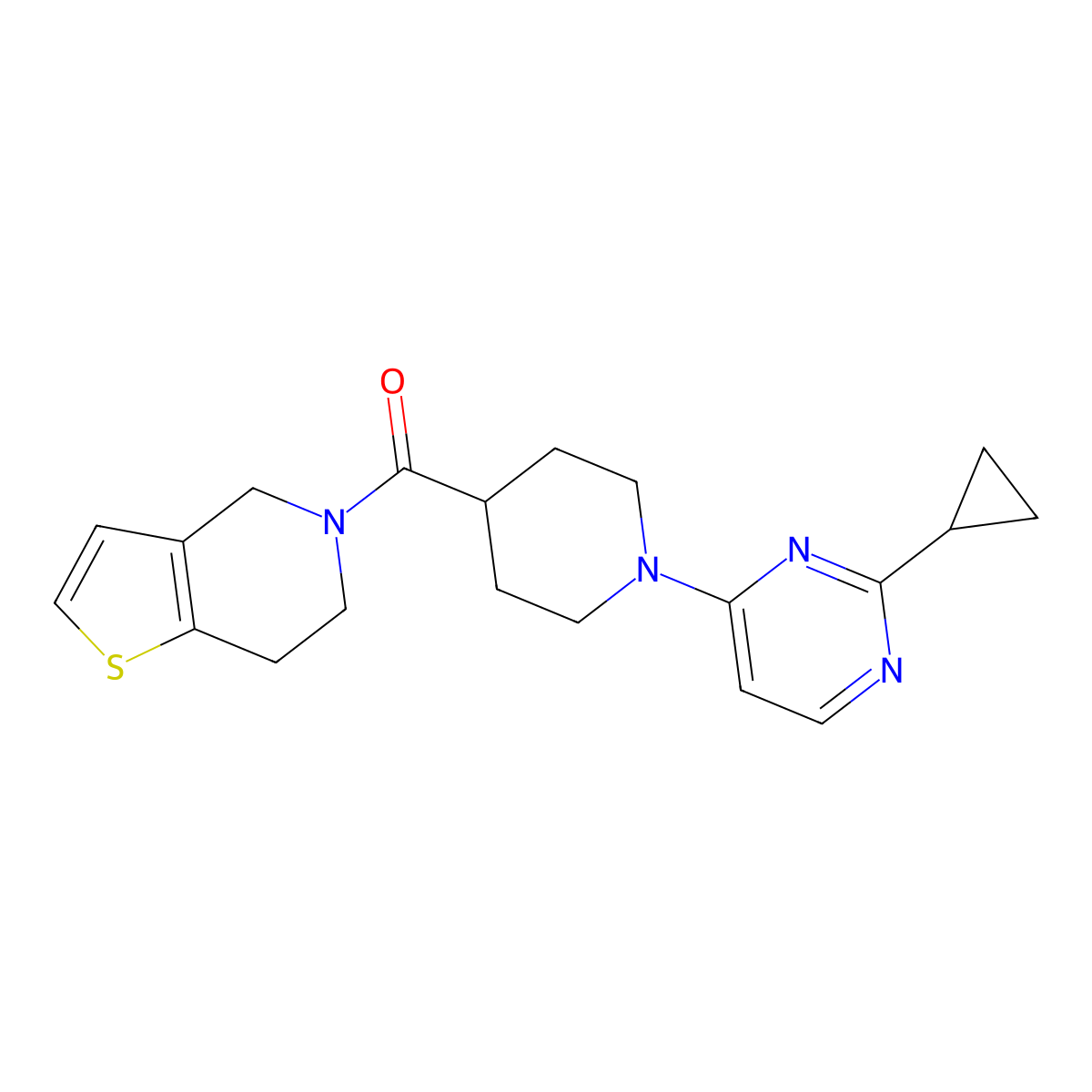 2-cyclopropyl-4-(4-{4H,5H,6H,7H-thieno[3,2-c]pyridine-5-carbonyl}piperidin-1-yl)pyrimidine molecular structure, CAS 3054590-32-5