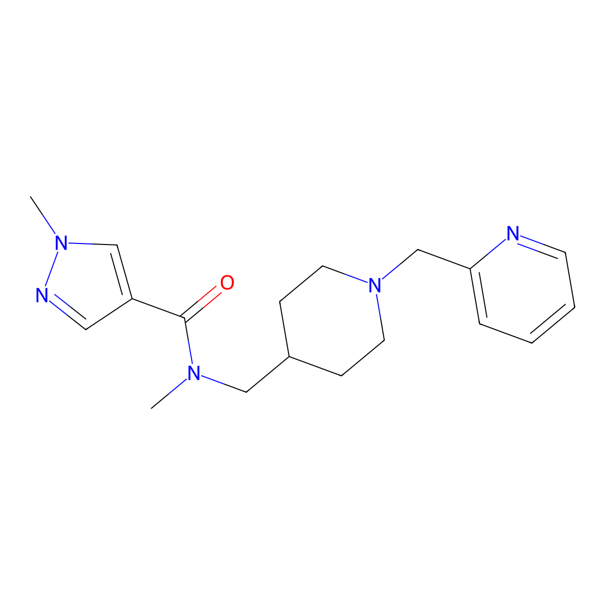 N,1-dimethyl-N-({1-[(pyridin-2-yl)methyl]piperidin-4-yl}methyl)-1H-pyrazole-4-carboxamide molecular structure, CAS 3054590-42-7