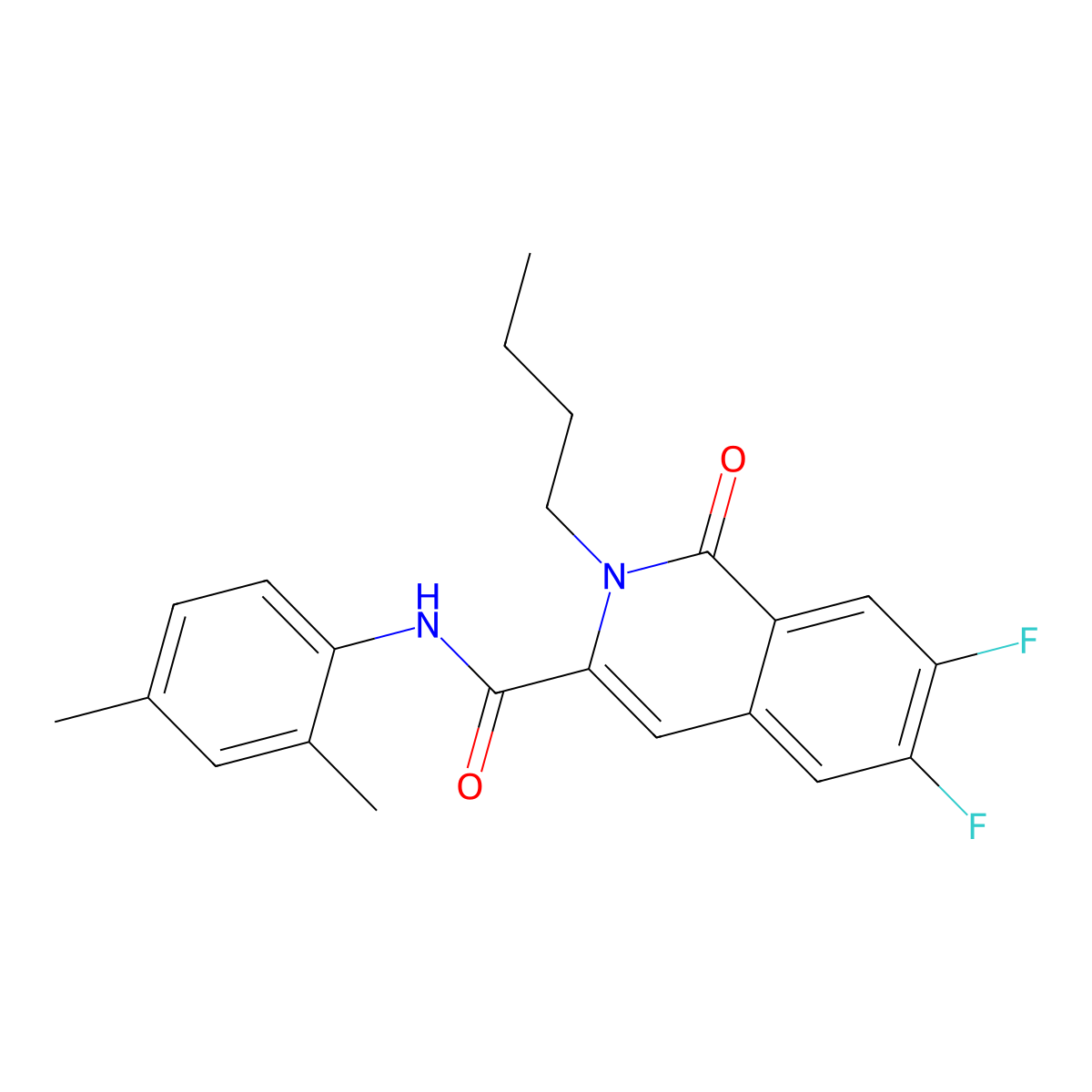2-butyl-N-(2,4-dimethylphenyl)-6,7-difluoro-1-oxo-1,2-dihydroisoquinoline-3-carboxamide molecular structure, CAS 3054590-43-8