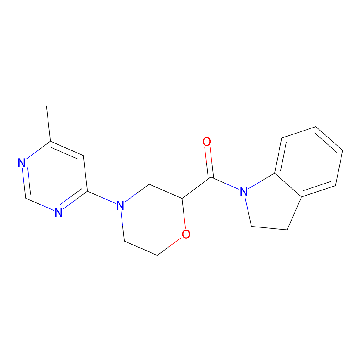 1-[4-(6-methylpyrimidin-4-yl)morpholine-2-carbonyl]-2,3-dihydro-1H-indole molecular structure, CAS 3054590-45-0