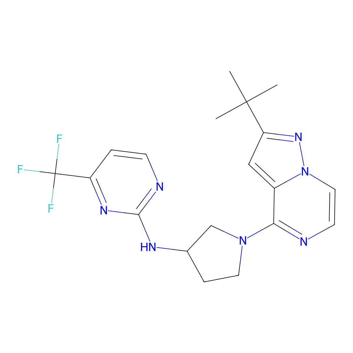 N-(1-{2-tert-butylpyrazolo[1,5-a]pyrazin-4-yl}pyrrolidin-3-yl)-4-(trifluoromethyl)pyrimidin-2-amine molecular structure, CAS 3054590-63-2