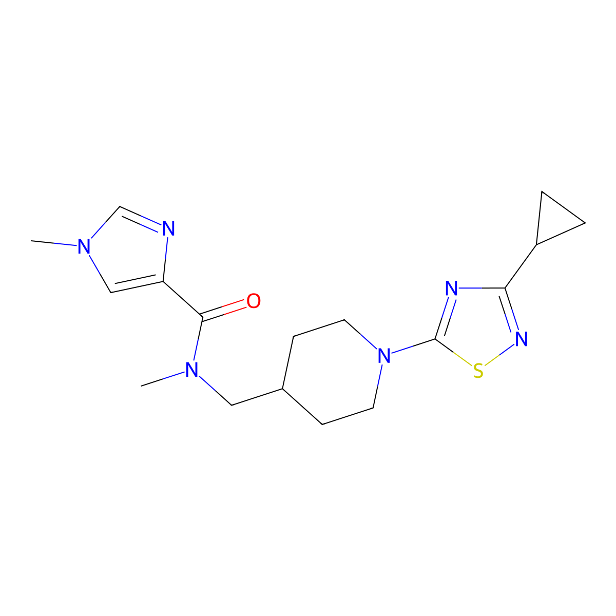 N-{[1-(3-cyclopropyl-1,2,4-thiadiazol-5-yl)piperidin-4-yl]methyl}-N,1-dimethyl-1H-imidazole-4-carboxamide molecular structure, CAS 3054590-64-3