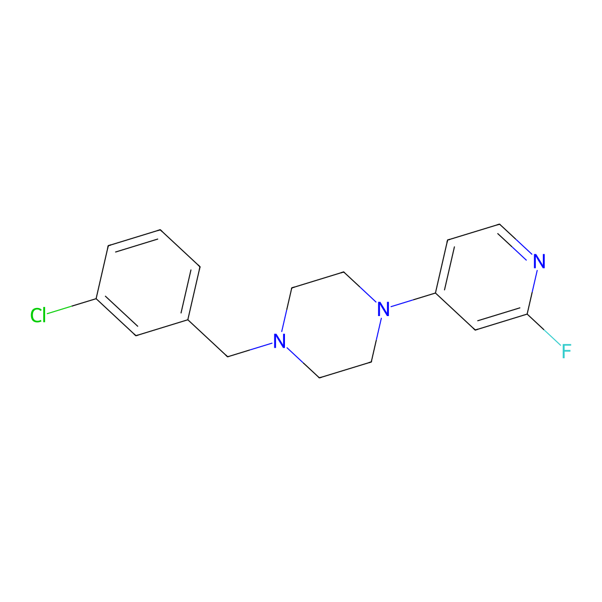 1-[(3-Chlorophenyl)methyl]-4-(2-fluoropyridin-4-yl)piperazine molecular structure, CAS 3054590-76-7