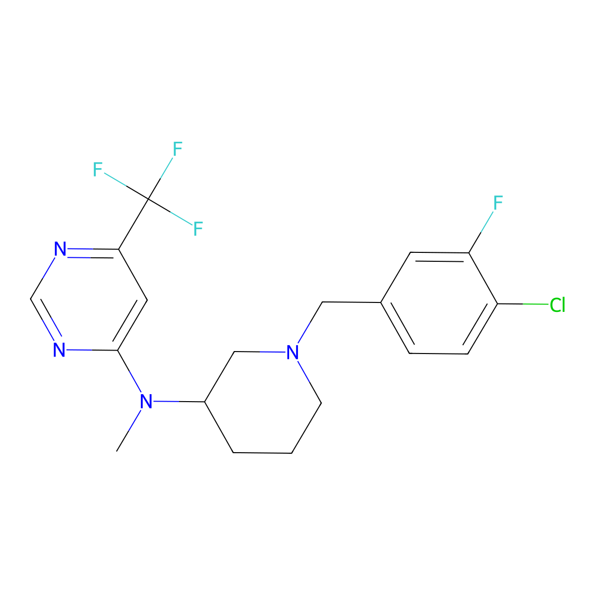 N-{1-[(4-chloro-3-fluorophenyl)methyl]piperidin-3-yl}-N-methyl-6-(trifluoromethyl)pyrimidin-4-amine molecular structure, CAS 3054590-86-9