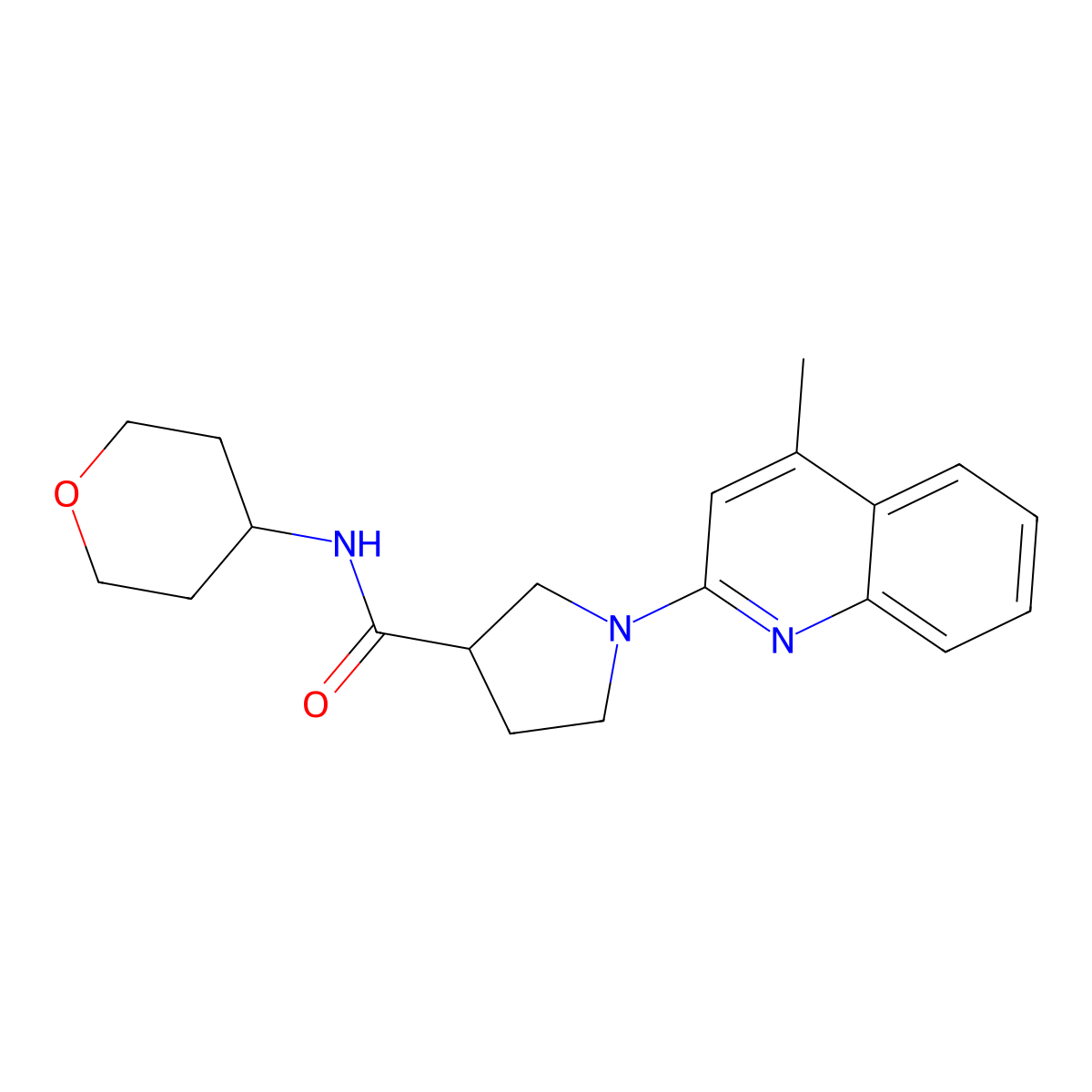 1-(4-methylquinolin-2-yl)-N-(oxan-4-yl)pyrrolidine-3-carboxamide molecular structure, CAS 3054590-94-9