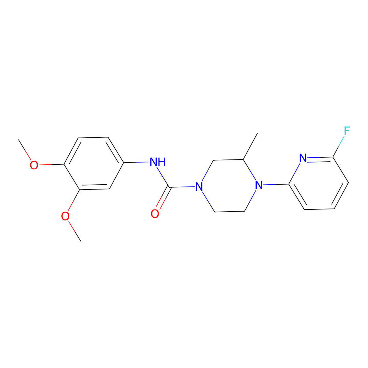 N-(3,4-dimethoxyphenyl)-4-(6-fluoropyridin-2-yl)-3-methylpiperazine-1-carboxamide molecular structure, CAS 3054590-98-3
