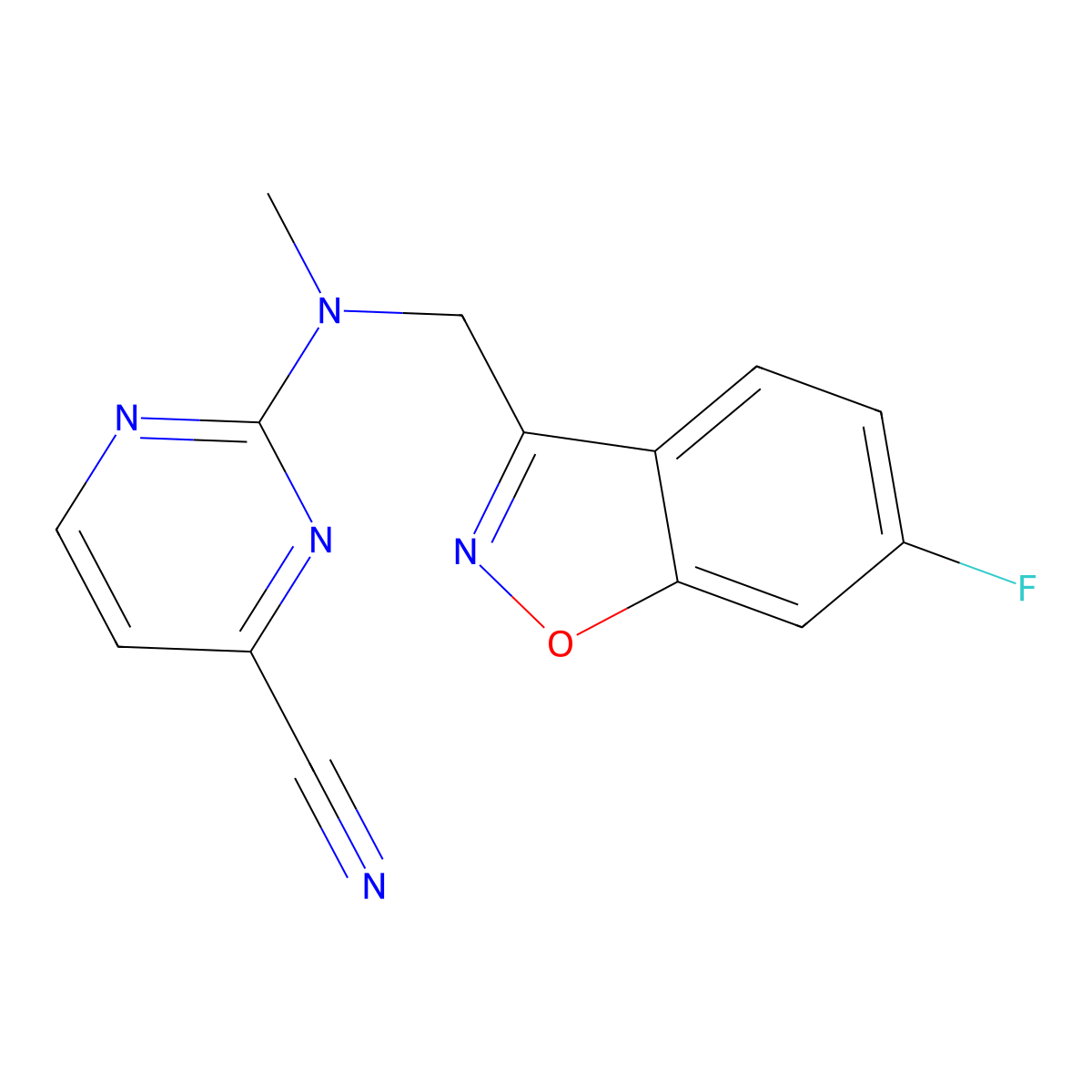 2-{[(6-Fluoro-1,2-benzoxazol-3-yl)methyl](methyl)amino}pyrimidine-4-carbonitrile molecular structure, CAS 3054591-01-1