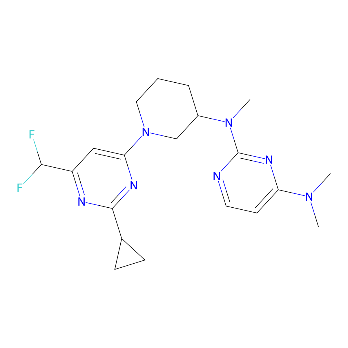 N2-{1-[2-cyclopropyl-6-(difluoromethyl)pyrimidin-4-yl]piperidin-3-yl}-N2,N4,N4-trimethylpyrimidine-2,4-diamine molecular structure, CAS 3054591-04-4