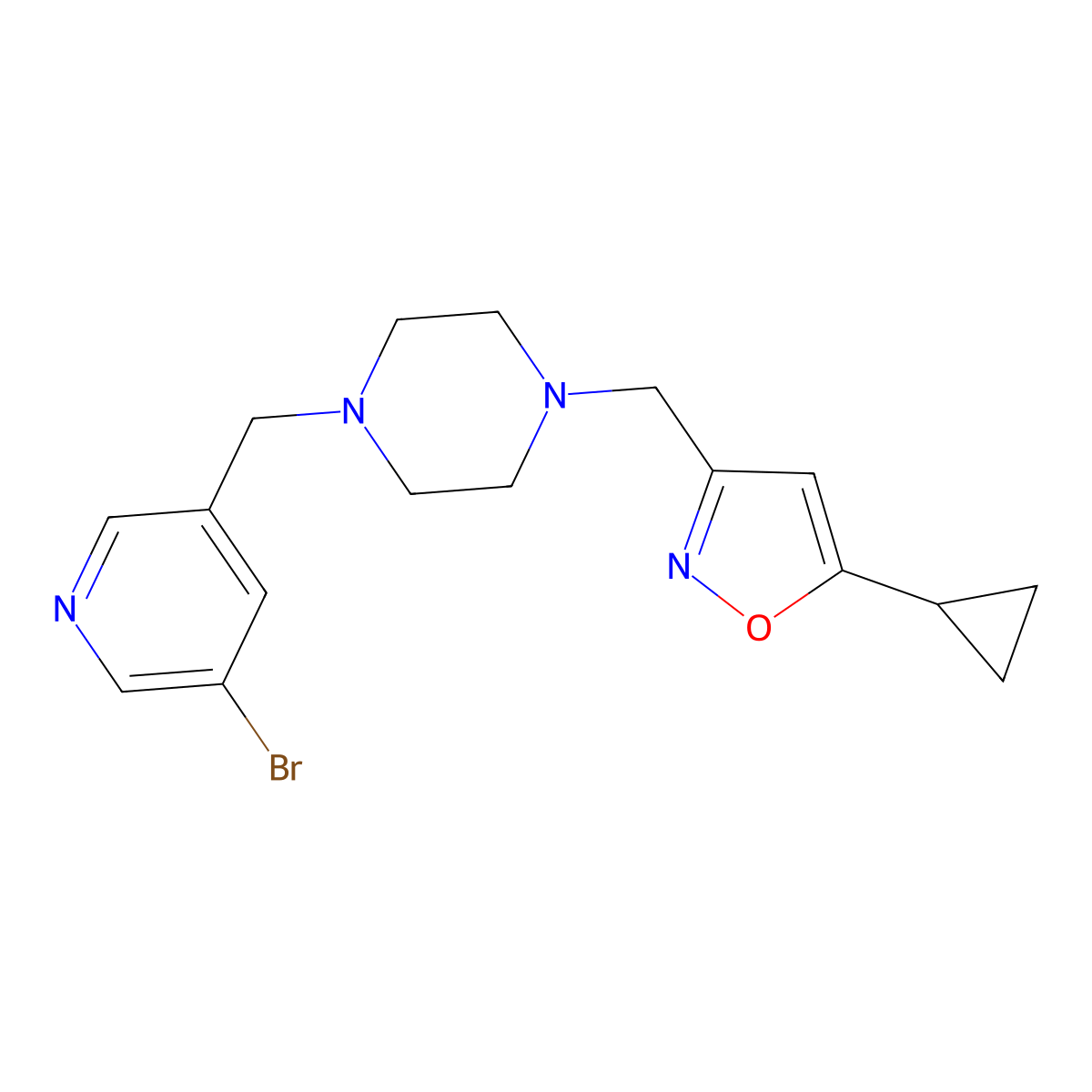 1-[(5-Bromopyridin-3-yl)methyl]-4-[(5-cyclopropyl-1,2-oxazol-3-yl)methyl]piperazine molecular structure, CAS 3054591-15-7
