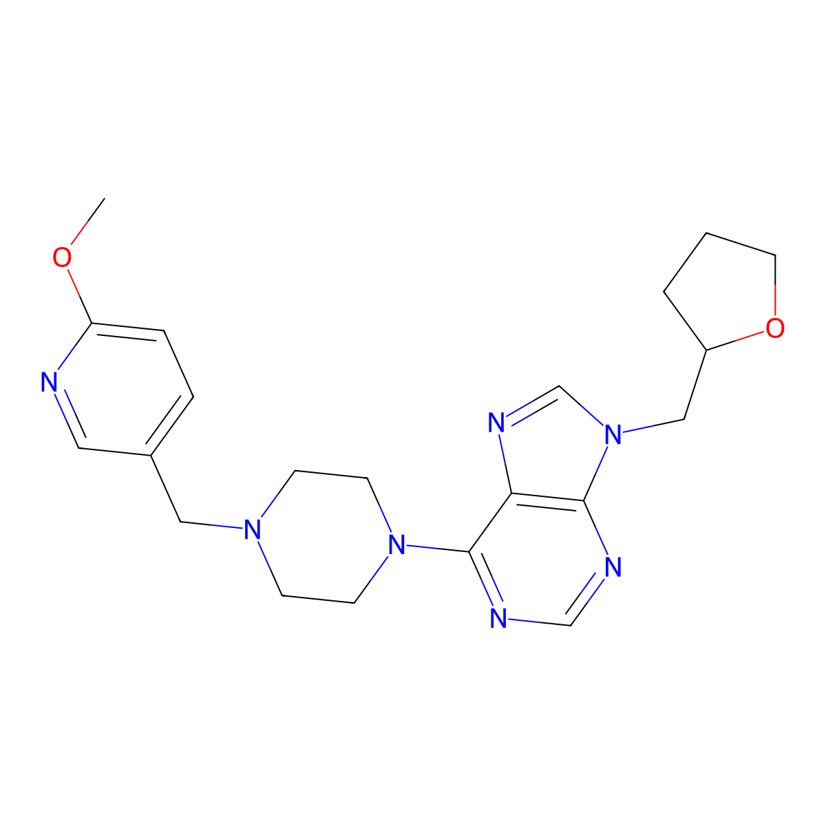 6-{4-[(6-methoxypyridin-3-yl)methyl]piperazin-1-yl}-9-[(oxolan-2-yl)methyl]-9H-purine molecular structure, CAS 3054591-26-0