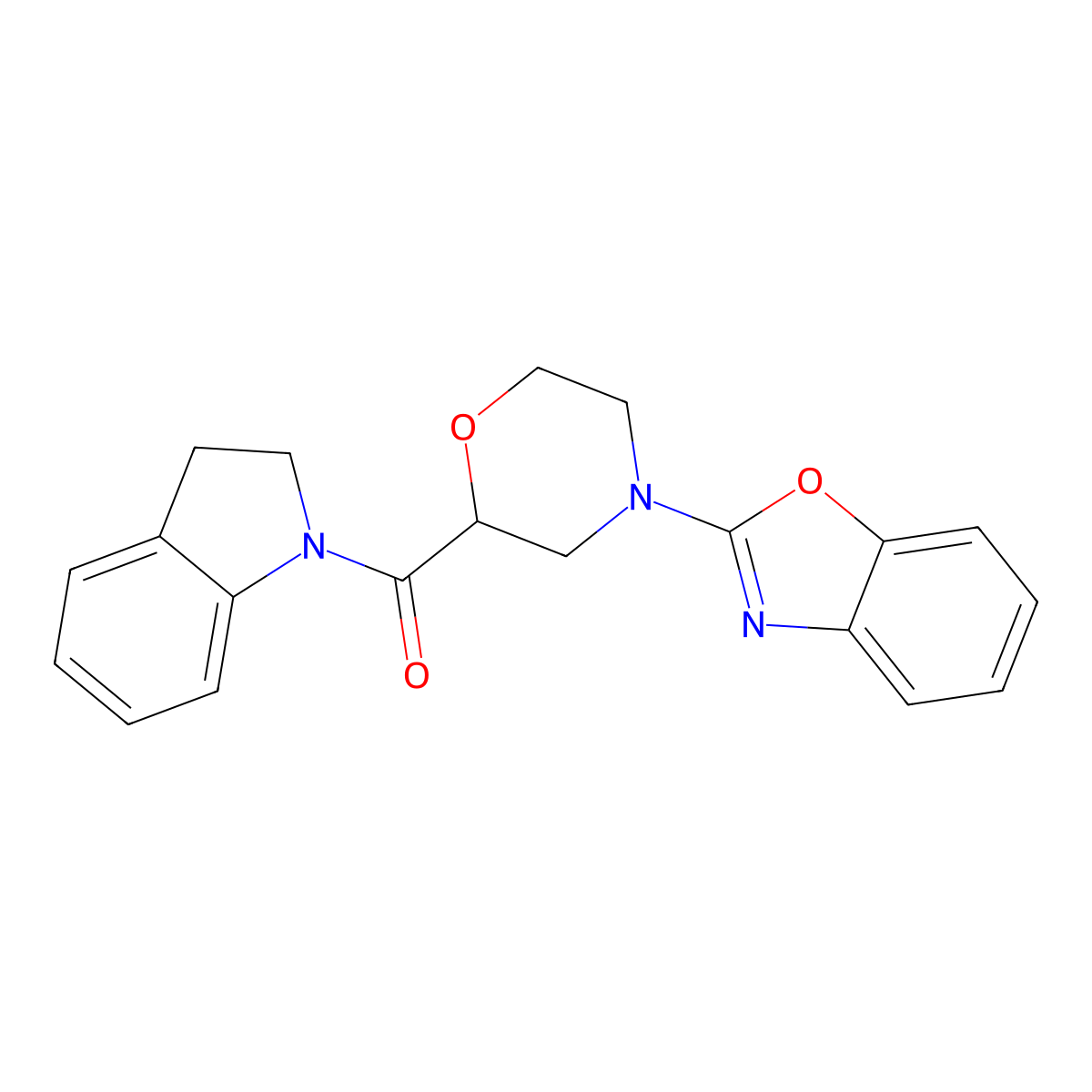 2-[2-(2,3-dihydro-1H-indole-1-carbonyl)morpholin-4-yl]-1,3-benzoxazole molecular structure, CAS 3054591-44-2
