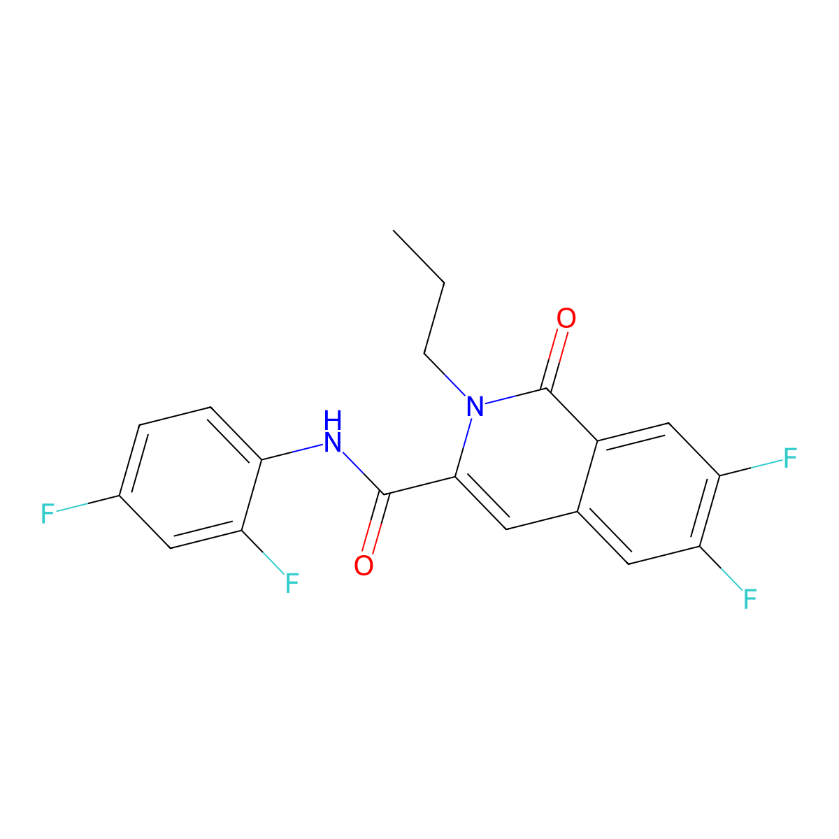 N-(2,4-difluorophenyl)-6,7-difluoro-1-oxo-2-propyl-1,2-dihydroisoquinoline-3-carboxamide molecular structure, CAS 3054591-56-6