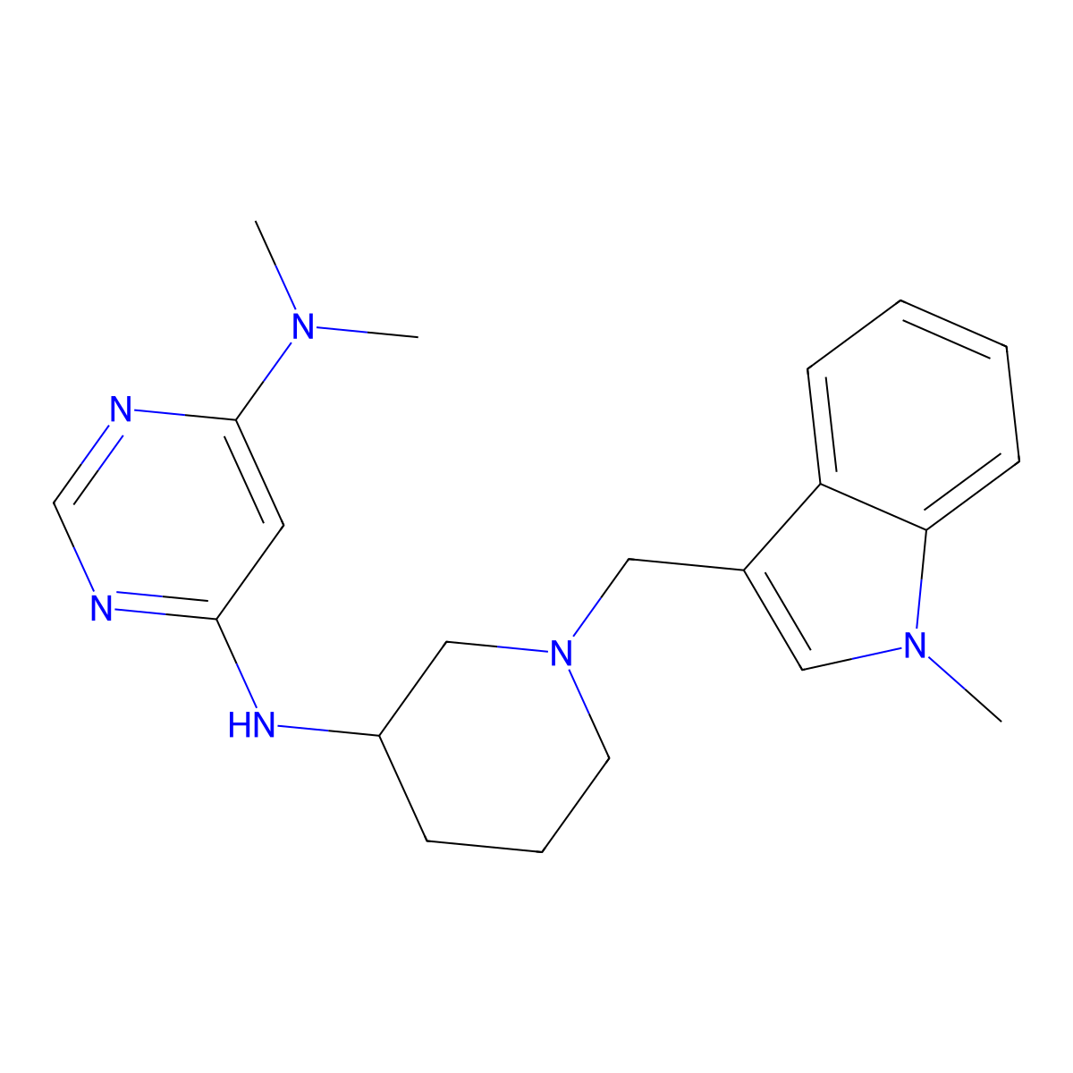 N4,N4-dimethyl-N6-{1-[(1-methyl-1H-indol-3-yl)methyl]piperidin-3-yl}pyrimidine-4,6-diamine molecular structure, CAS 3054591-63-5