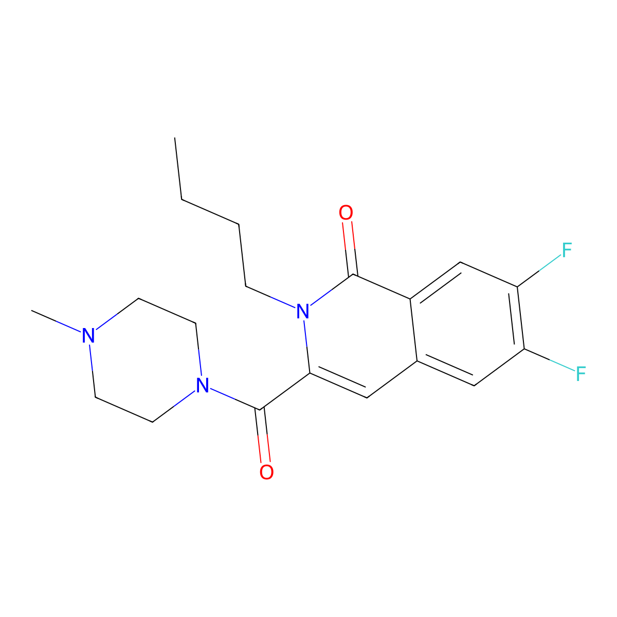 2-Butyl-6,7-difluoro-3-(4-methylpiperazine-1-carbonyl)-1,2-dihydroisoquinolin-1-one molecular structure, CAS 3054591-90-8