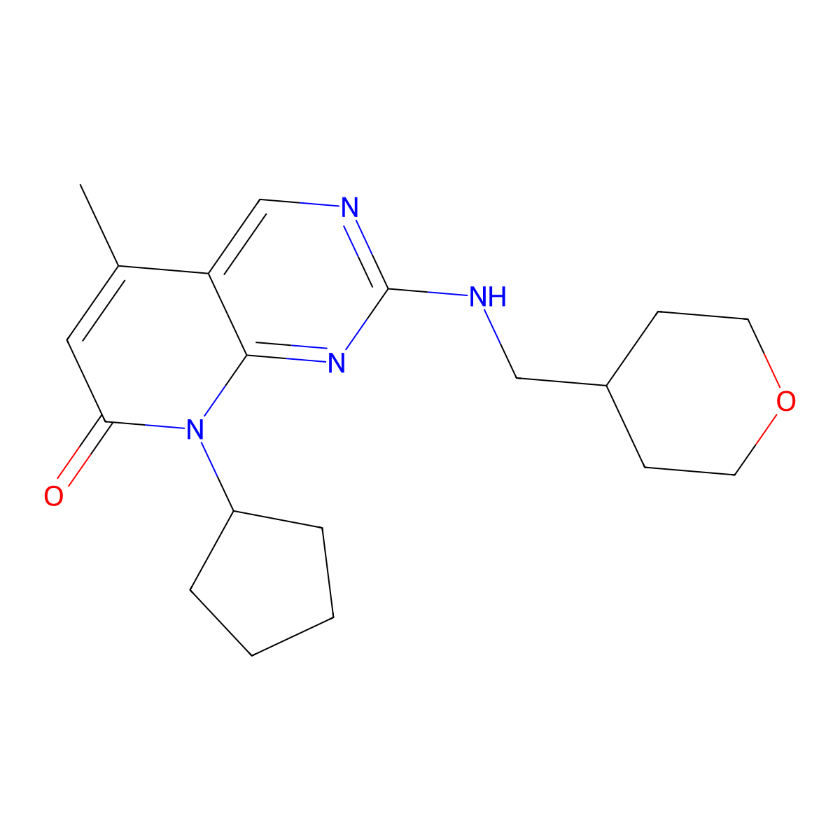 8-cyclopentyl-5-methyl-2-{[(oxan-4-yl)methyl]amino}-7H,8H-pyrido[2,3-d]pyrimidin-7-one molecular structure, CAS 3054592-09-2