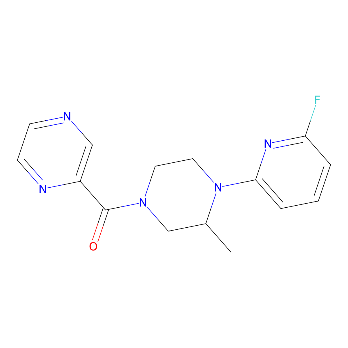 2-[4-(6-Fluoropyridin-2-yl)-3-methylpiperazine-1-carbonyl]pyrazine molecular structure, CAS 3054592-14-9
