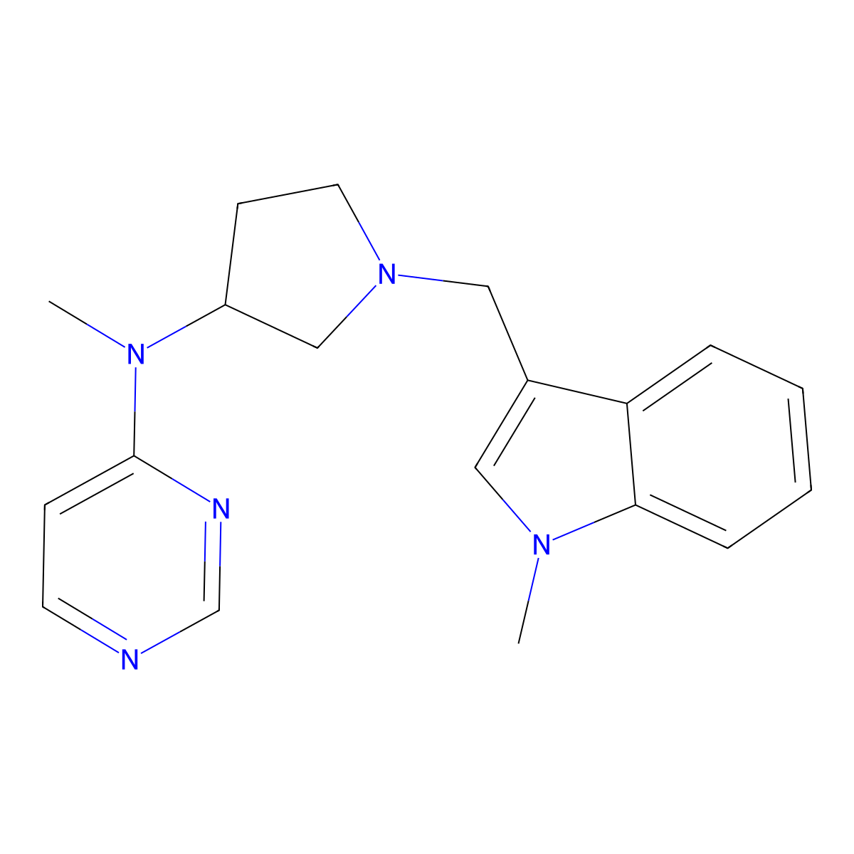 N-methyl-N-[1-[(1-methylindol-3-yl)methyl]pyrrolidin-3-yl]pyrimidi molecular structure, CAS 3054592-16-1