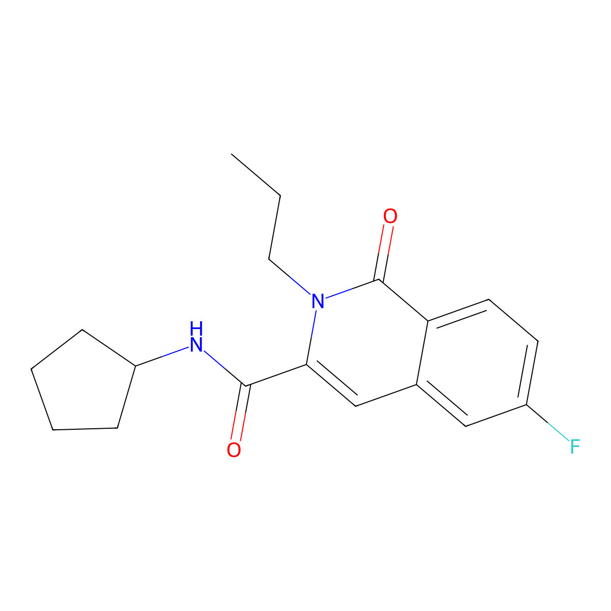 N-cyclopentyl-6-fluoro-1-oxo-2-propyl-1,2-dihydroisoquinoline-3-carboxamide molecular structure, CAS 3054592-17-2
