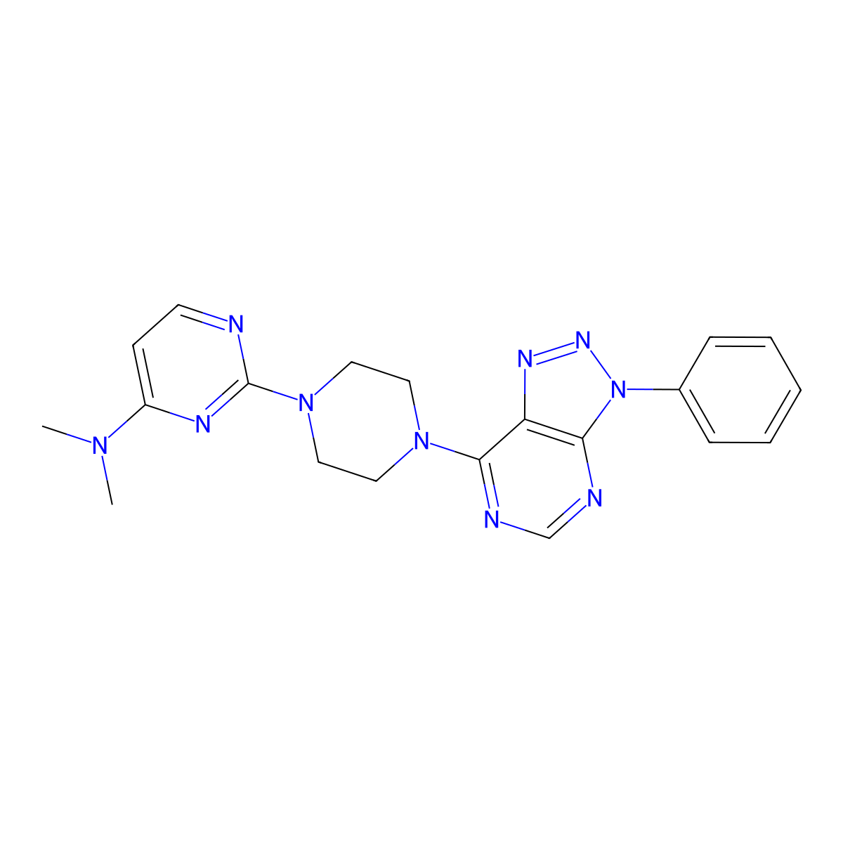 N,N-dimethyl-2-(4-{3-phenyl-3H-[1,2,3]triazolo[4,5-d]pyrimidin-7-yl}piperazin-1-yl)pyrimidin-4-amine molecular structure, CAS 3054592-19-4