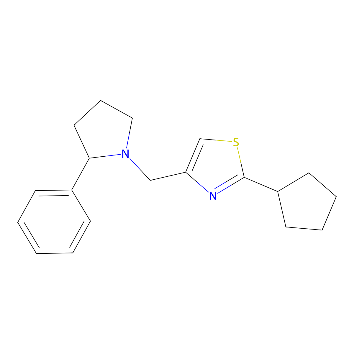 2-Cyclopentyl-4-[(2-phenylpyrrolidin-1-yl)methyl]-1,3-thiazole molecular structure, CAS 3054592-24-1
