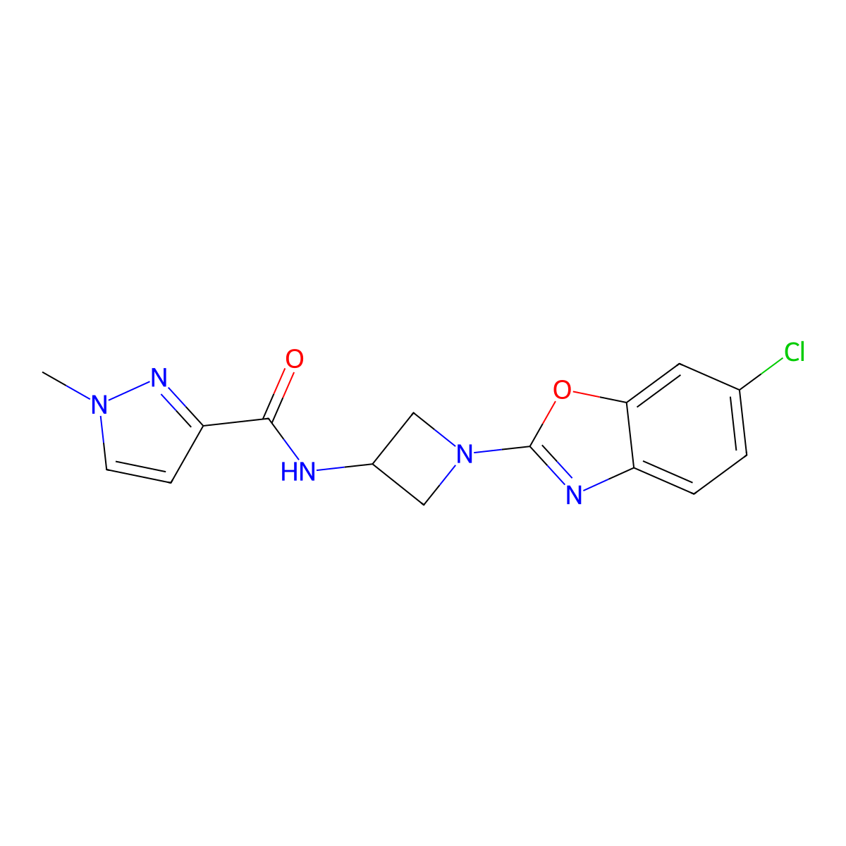N-[1-(6-chloro-1,3-benzoxazol-2-yl)azetidin-3-yl]-1-methyl-1H-pyrazole-3-carboxamide molecular structure, CAS 3054592-25-2
