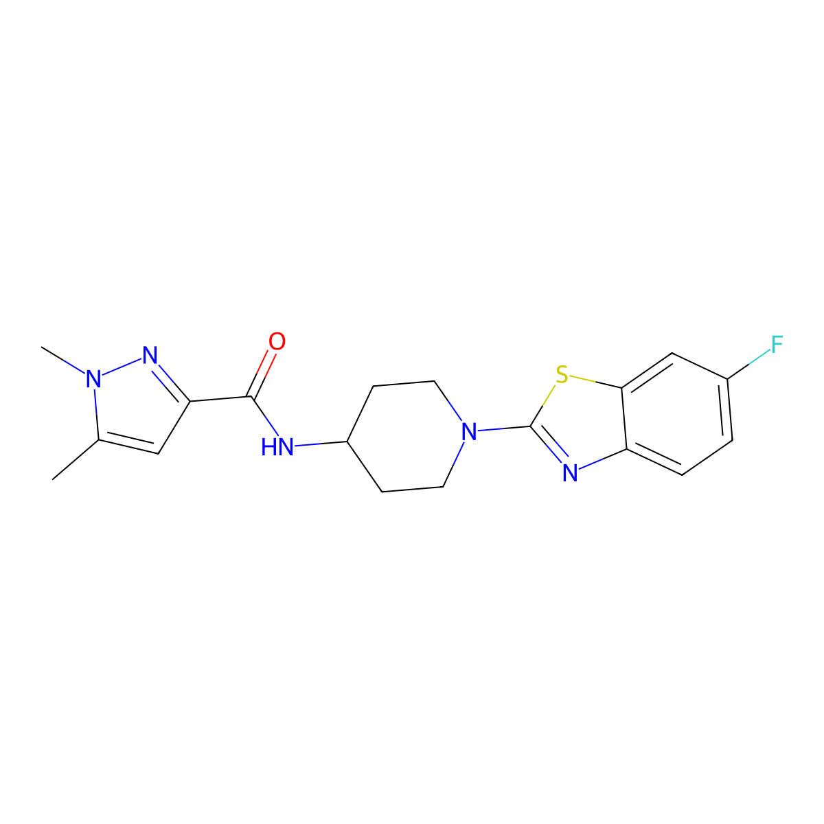 N-[1-(6-fluoro-1,3-benzothiazol-2-yl)piperidin-4-yl]-1,5-dimethyl-1H-pyrazole-3-carboxamide molecular structure, CAS 3054592-33-2