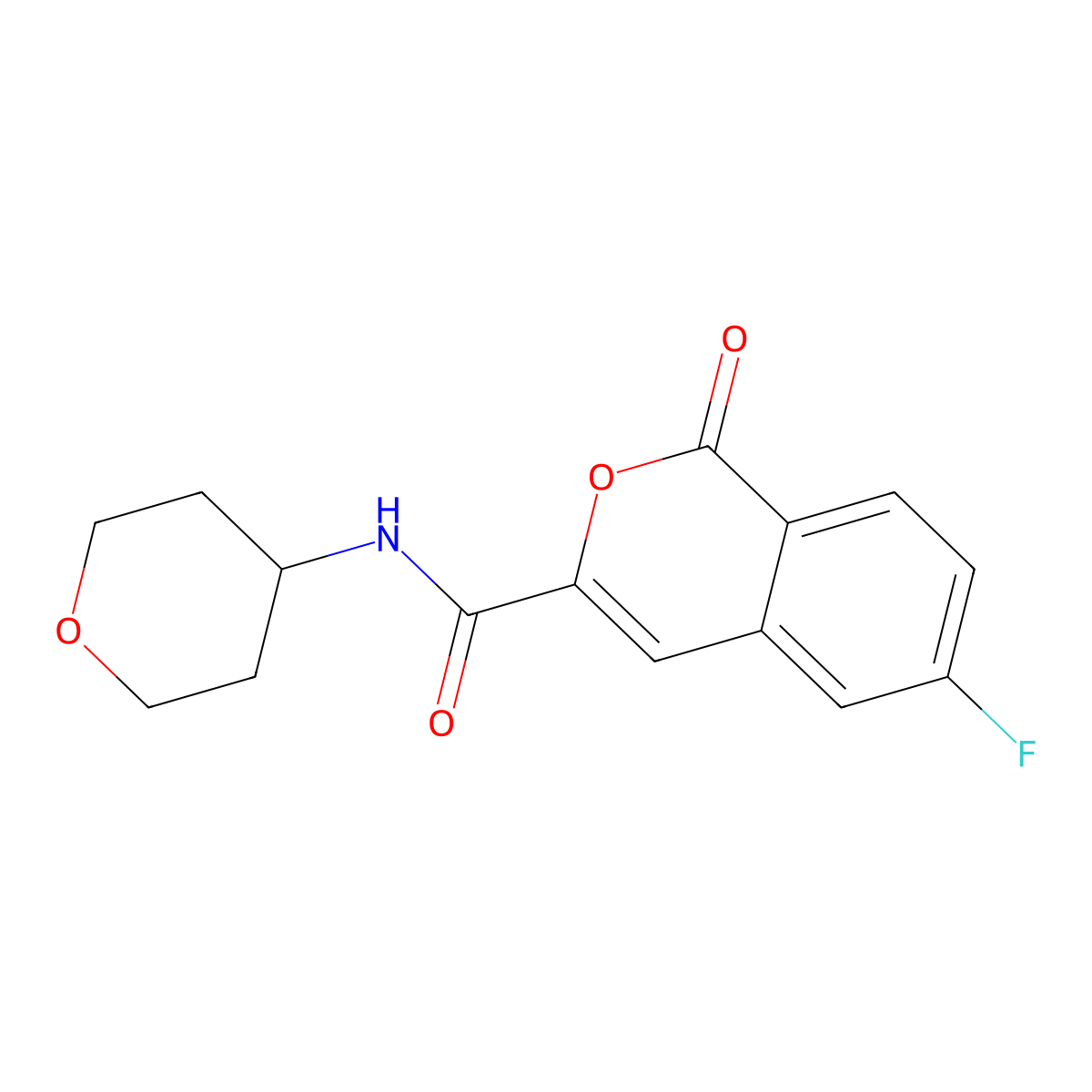 6-fluoro-N-(oxan-4-yl)-1-oxo-1H-isochromene-3-carboxamide molecular structure, CAS 3054592-35-4