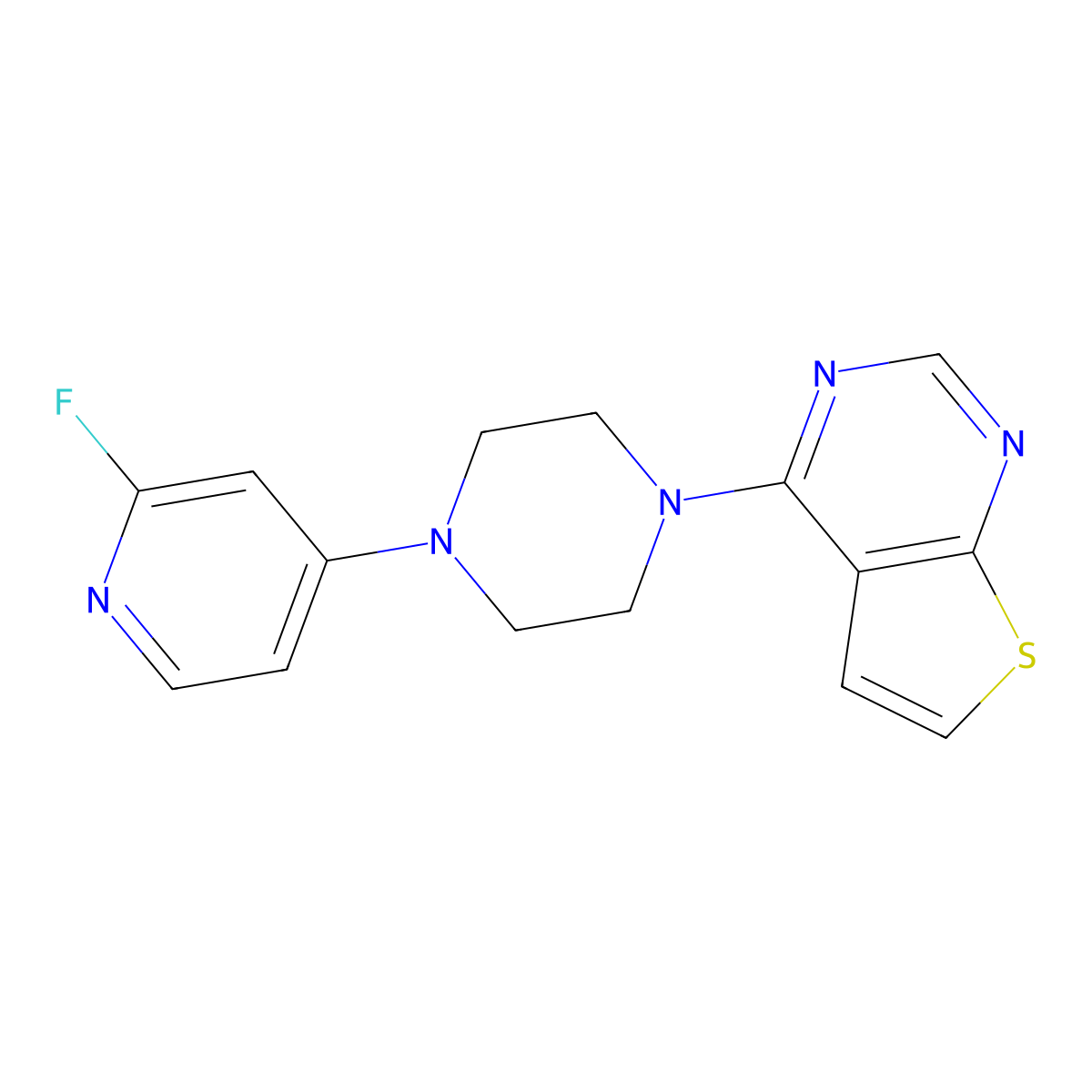 1-(2-Fluoropyridin-4-yl)-4-{thieno[2,3-d]pyrimidin-4-yl}piperazine molecular structure, CAS 3054592-40-1