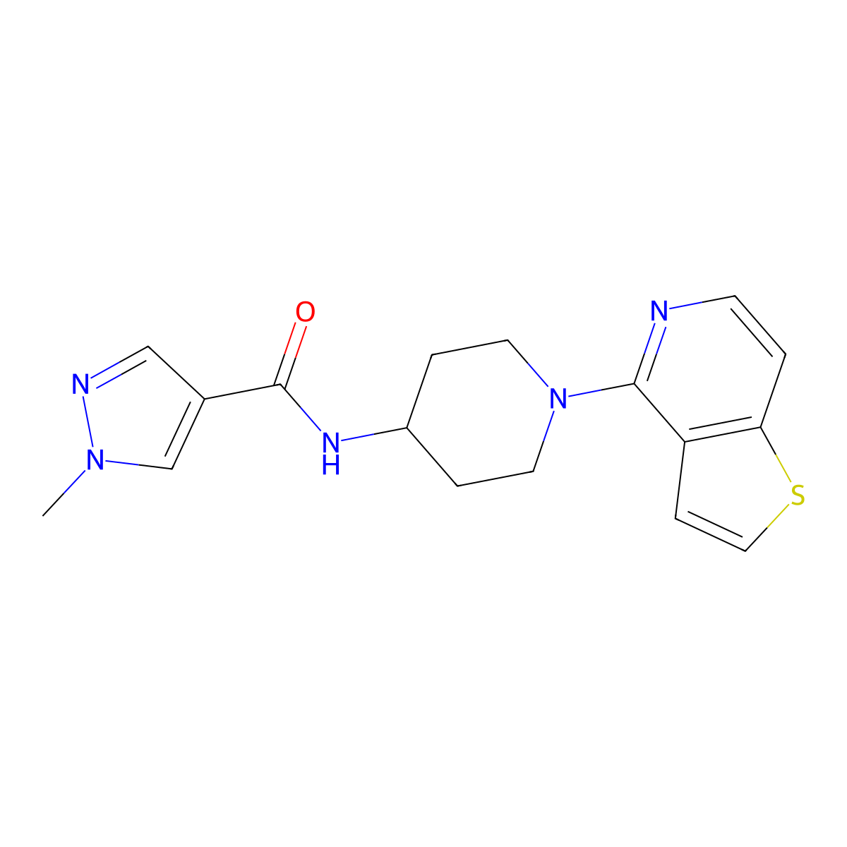 1-methyl-N-(1-{thieno[3,2-c]pyridin-4-yl}piperidin-4-yl)-1H-pyrazole-4-carboxamide molecular structure, CAS 3054592-45-6