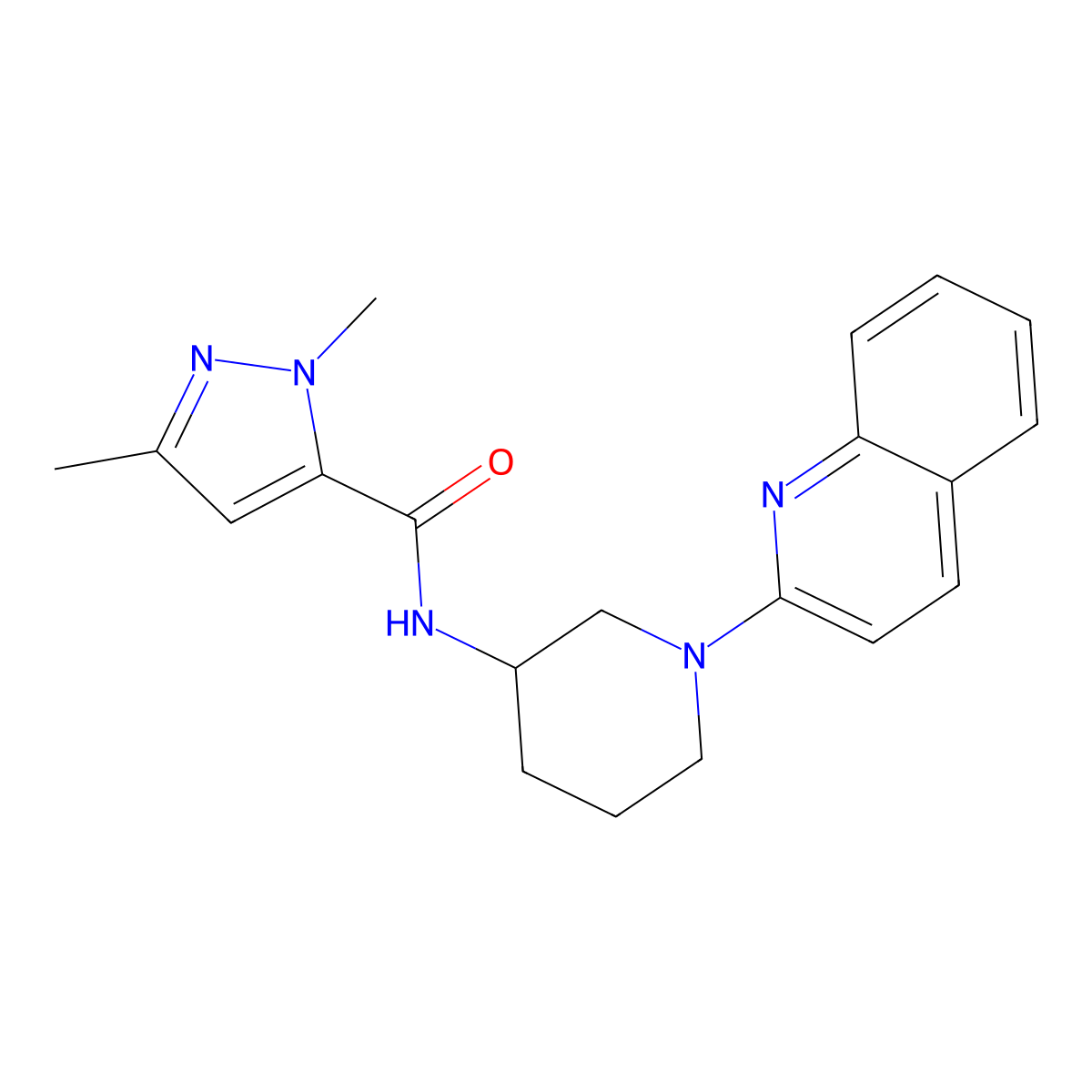 1,3-dimethyl-N-[1-(quinolin-2-yl)piperidin-3-yl]-1H-pyrazole-5-carboxamide molecular structure, CAS 3054592-46-7