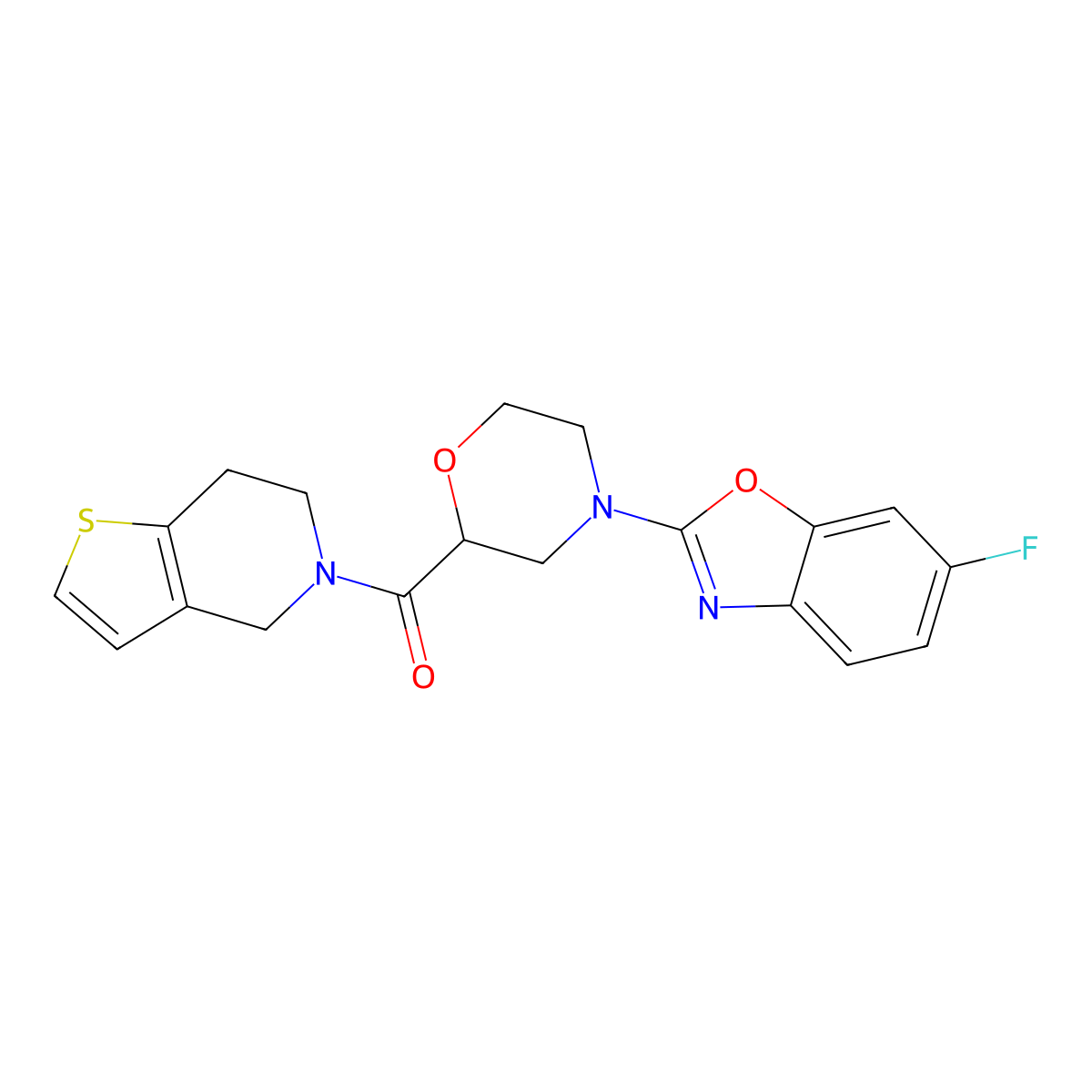 6-fluoro-2-(2-{4H,5H,6H,7H-thieno[3,2-c]pyridine-5-carbonyl}morpholin-4-yl)-1,3-benzoxazole molecular structure, CAS 3054592-48-9