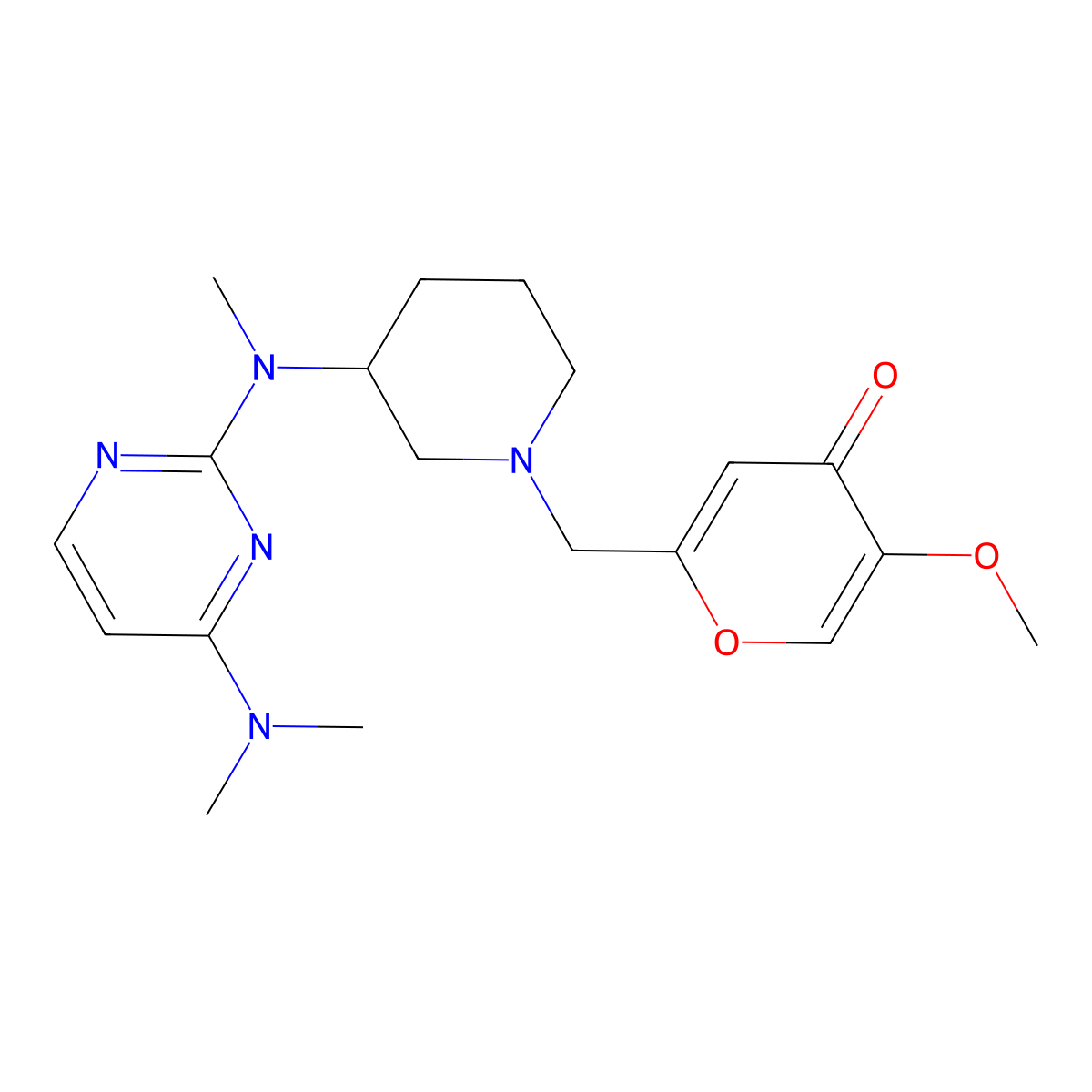 2-[(3-{[4-(dimethylamino)pyrimidin-2-yl](methyl)amino}piperidin-1-yl)methyl]-5-methoxy-4H-pyran-4-one molecular structure, CAS 3054592-49-0