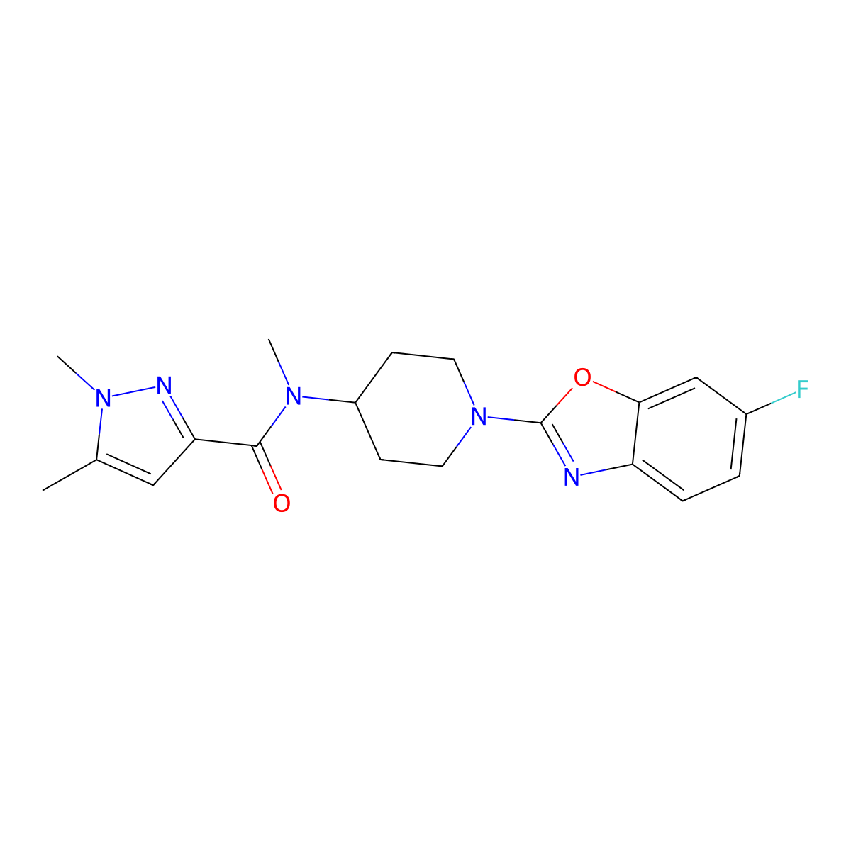 N-[1-(6-fluoro-1,3-benzoxazol-2-yl)piperidin-4-yl]-N,1,5-trimethyl-1H-pyrazole-3-carboxamide molecular structure, CAS 3054592-54-7