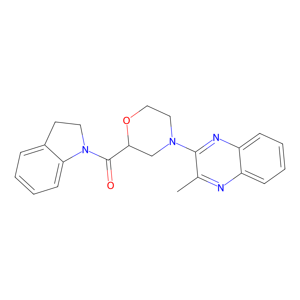 2-[2-(2,3-dihydro-1H-indole-1-carbonyl)morpholin-4-yl]-3-methylquinoxaline molecular structure, CAS 3054592-59-2