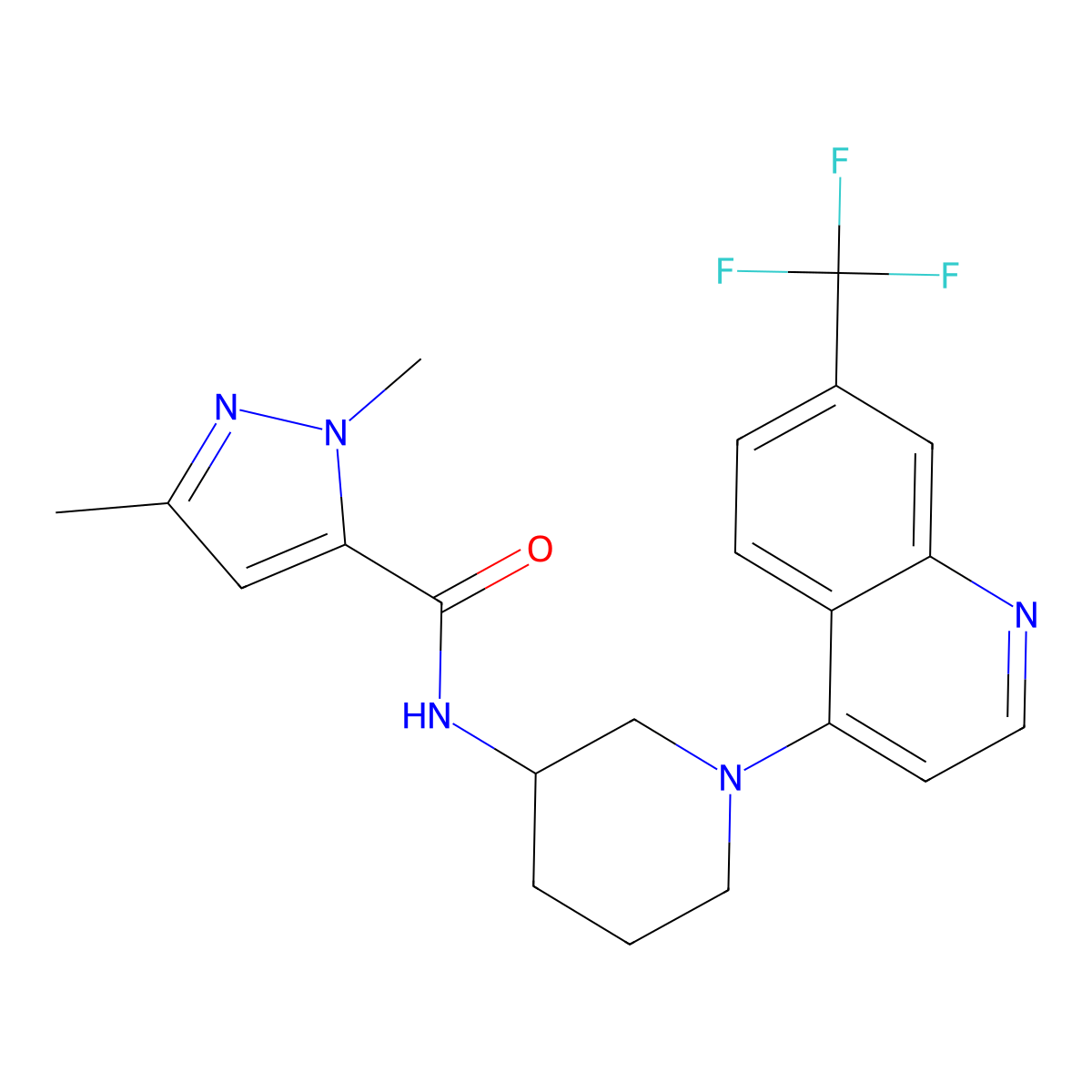 1,3-dimethyl-N-{1-[7-(trifluoromethyl)quinolin-4-yl]piperidin-3-yl}-1H-pyrazole-5-carboxamide molecular structure, CAS 3054592-65-0