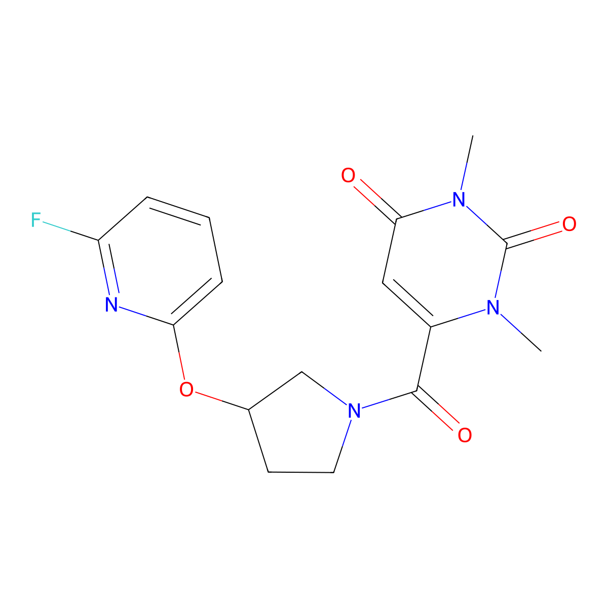 6-{3-[(6-Fluoropyridin-2-yl)oxy]pyrrolidine-1-carbonyl}-1,3-dimethyl-1,2,3,4-tetrahydropyrimidine-2,4-dione molecular structure, CAS 3054592-68-3