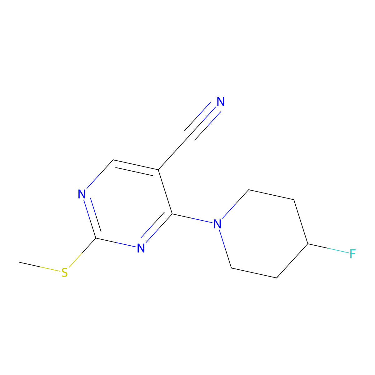 4-(4-Fluoropiperidin-1-yl)-2-(methylsulfanyl)pyrimidine-5-carbonitrile molecular structure, CAS 3054592-87-6