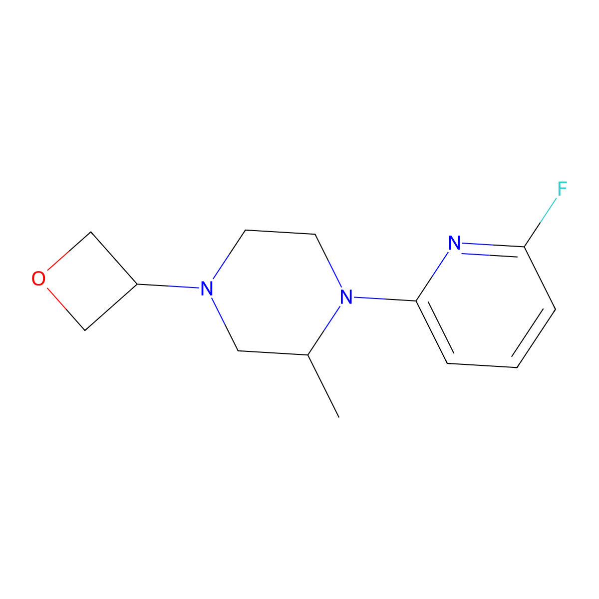 1-(6-Fluoropyridin-2-yl)-2-methyl-4-(oxetan-3-yl)piperazine molecular structure, CAS 3054592-99-0