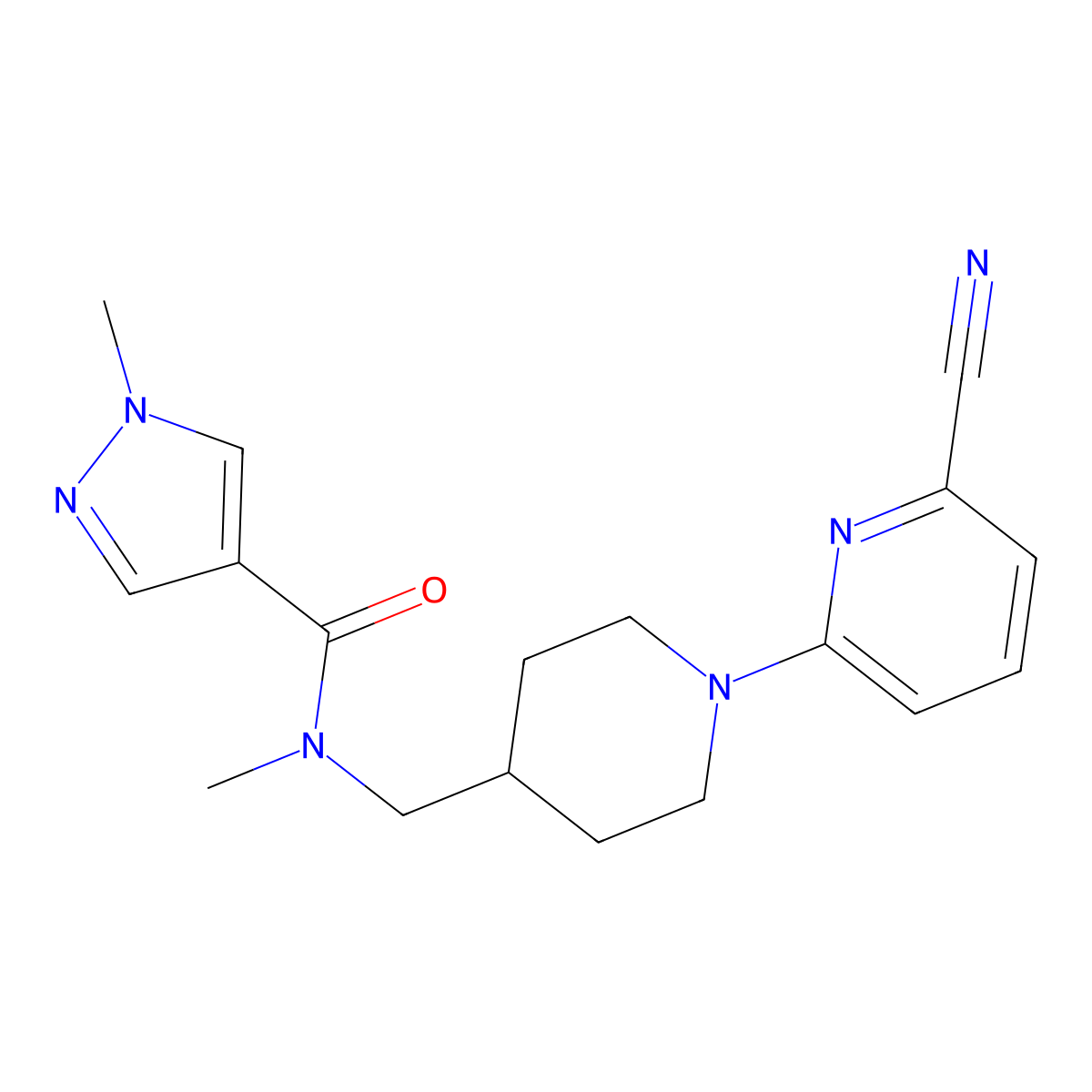 N-{[1-(6-cyanopyridin-2-yl)piperidin-4-yl]methyl}-N,1-dimethyl-1H-pyrazole-4-carboxamide molecular structure, CAS 3054593-01-7