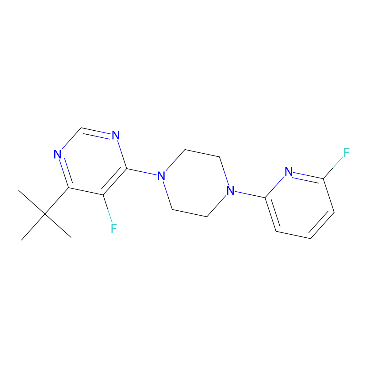 4-Tert-butyl-5-fluoro-6-[4-(6-fluoropyridin-2-yl)piperazin-1-yl]pyrimidine molecular structure, CAS 3054593-12-0
