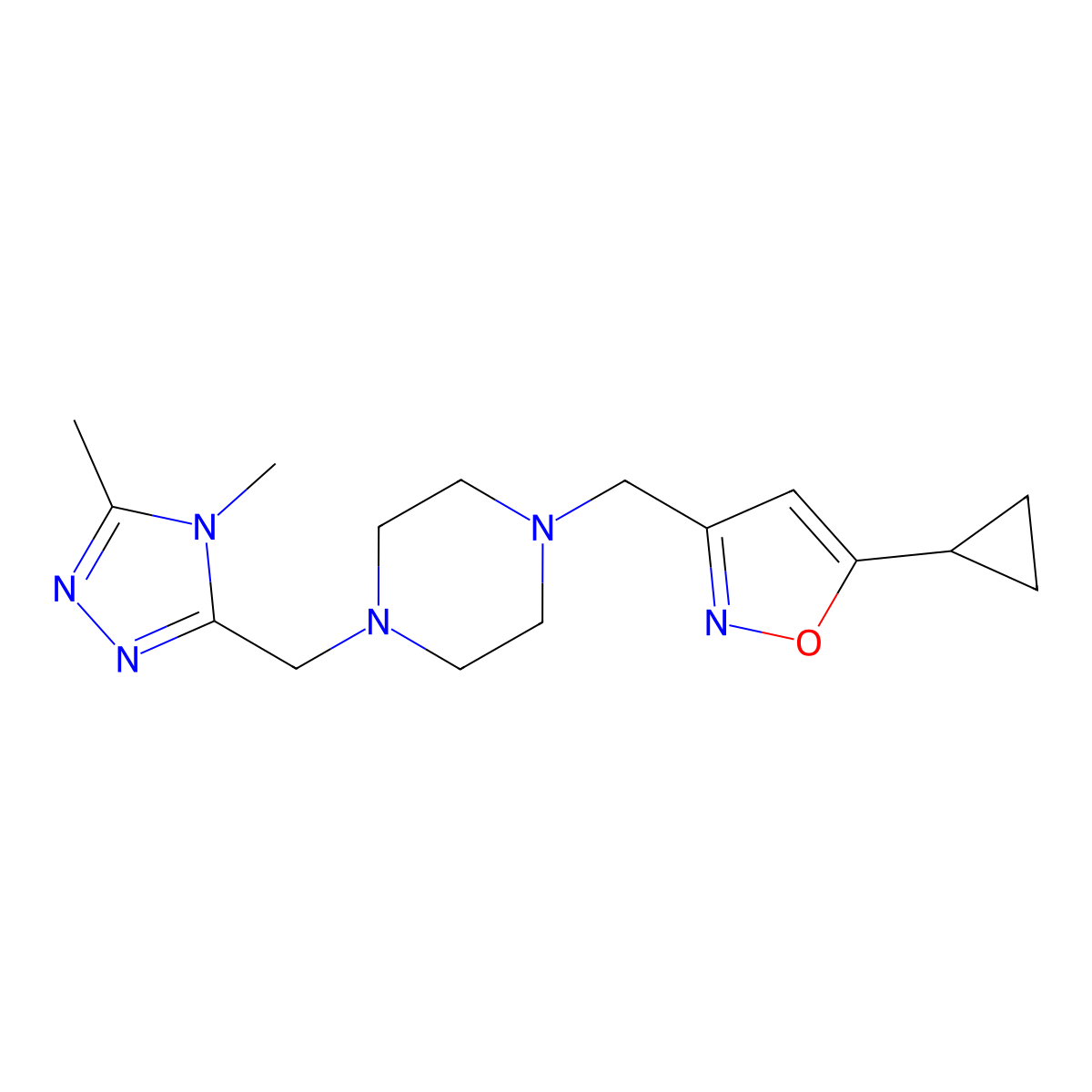 1-[(5-cyclopropyl-1,2-oxazol-3-yl)methyl]-4-[(4,5-dimethyl-4H-1,2,4-triazol-3-yl)methyl]piperazine molecular structure, CAS 3054593-32-4